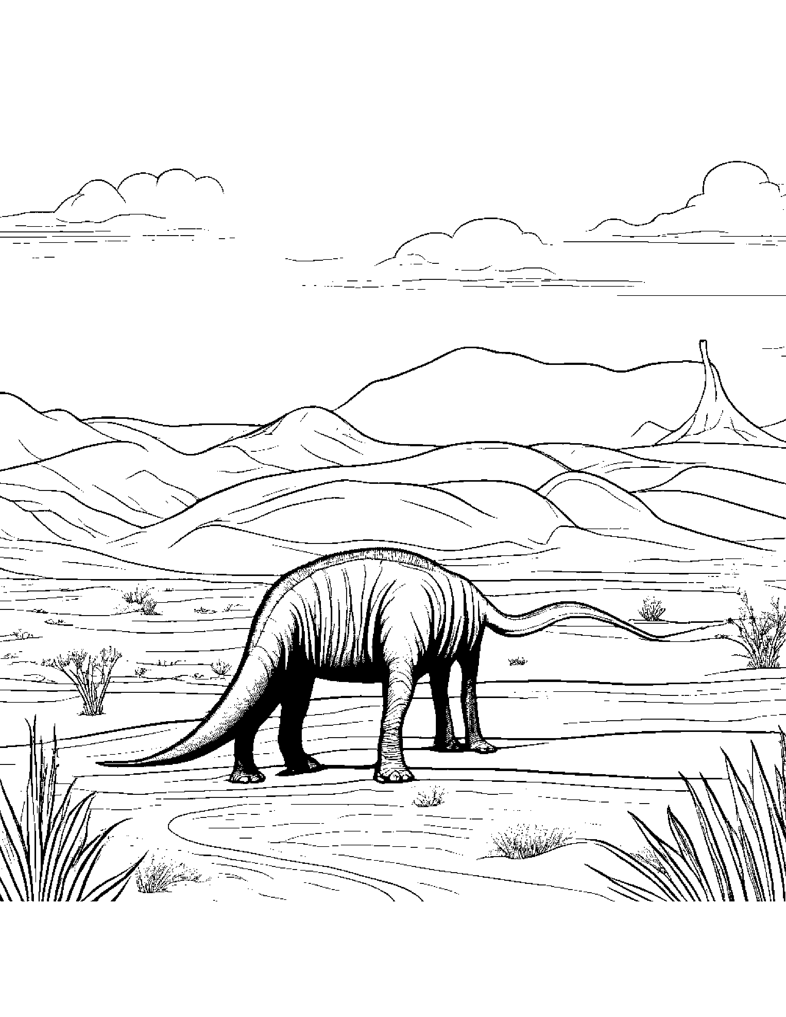 A Pack Of Alamosaurus Migrating Across A Barren Desert Landscape Coloring Page (Free Printable PDF)
