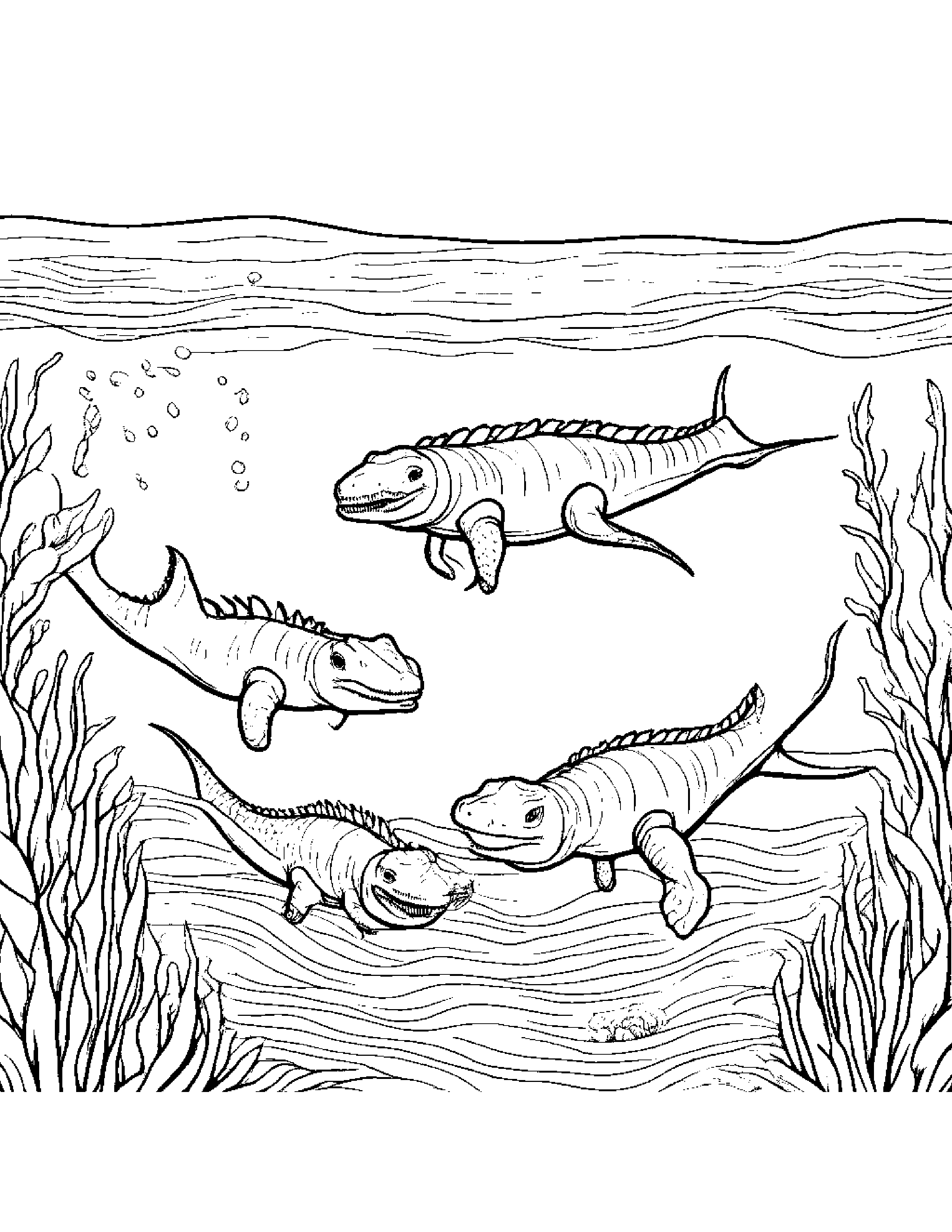 A Pack Of Baby Mososaurs Swimming Together In A Warm Ocean Current Coloring Page (Free Printable PDF)