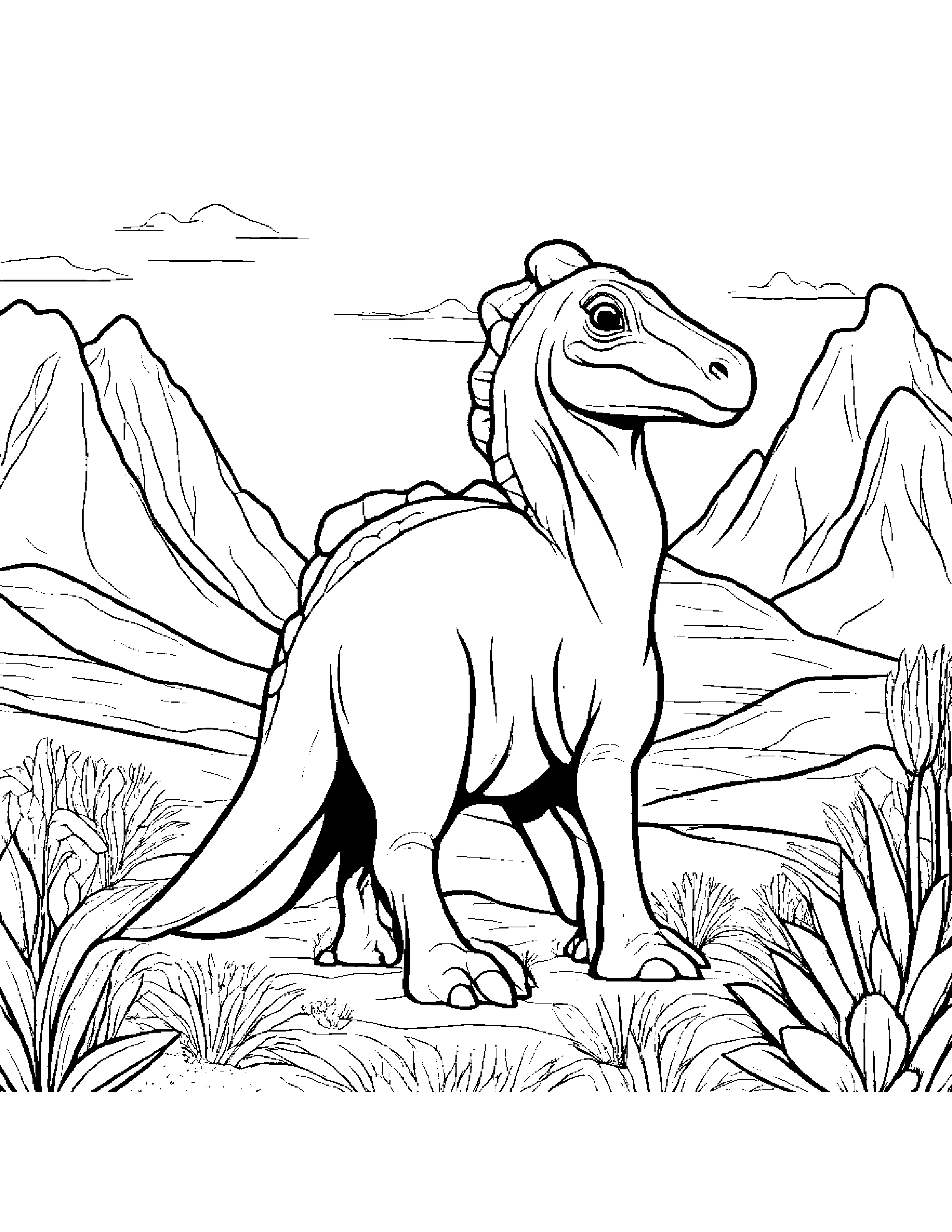 A Pack Of Baby Parasaurolophus Wandering Through A Colorful Desert Bloom Coloring Page (Free Printable PDF)
