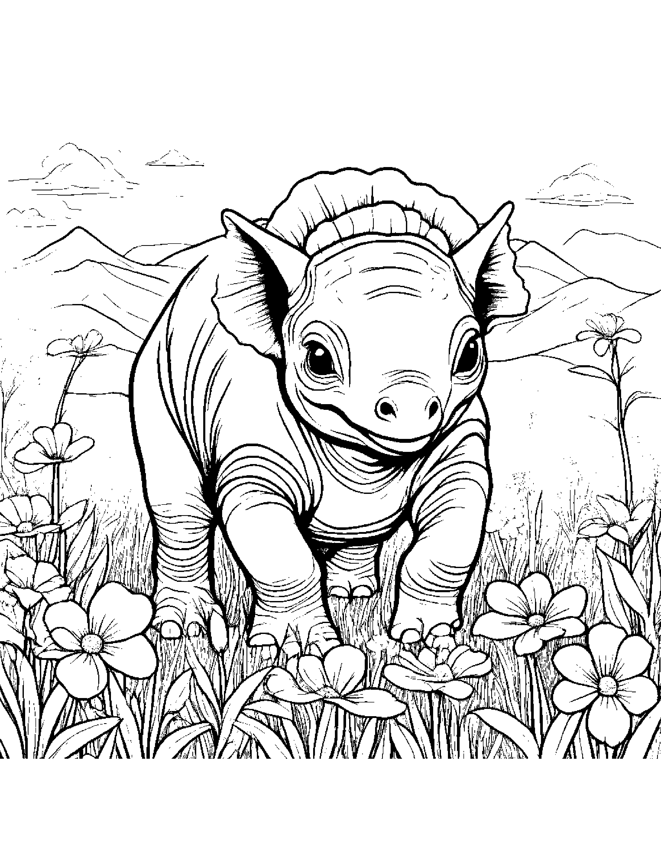 A Pack Of Baby Triceratops Frolicking In A Meadow Filled With Wildflowers Coloring Page (Free Printable PDF)