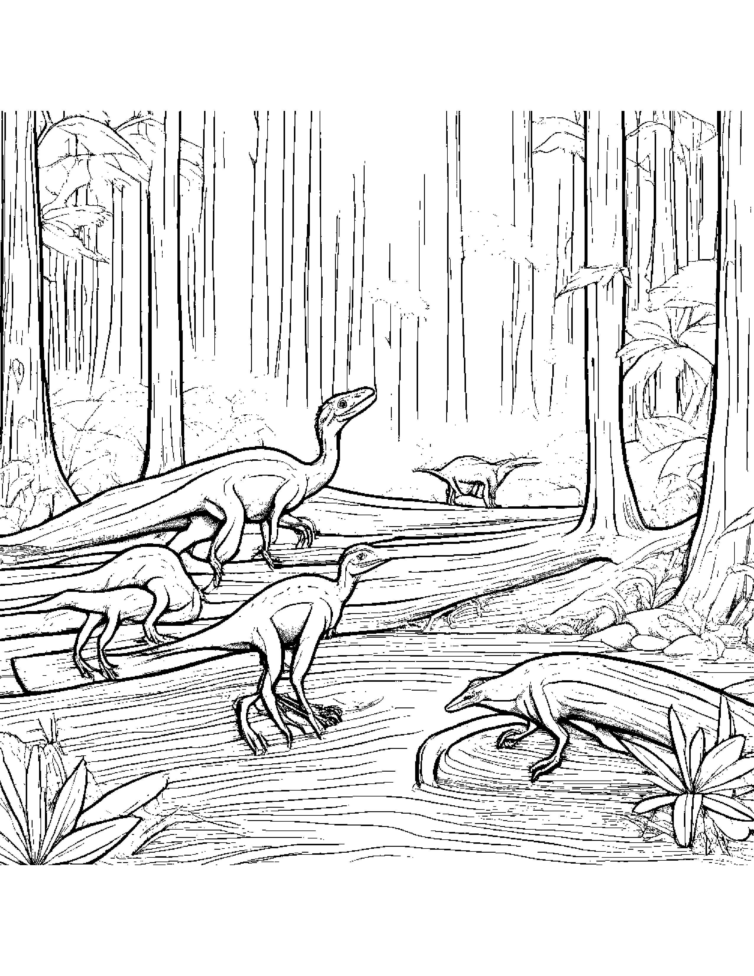 A Pack Of Baby Troodontids Following Their Mother As They Search For Insects In A Rotten Log Coloring Page (Free Printable PDF)
