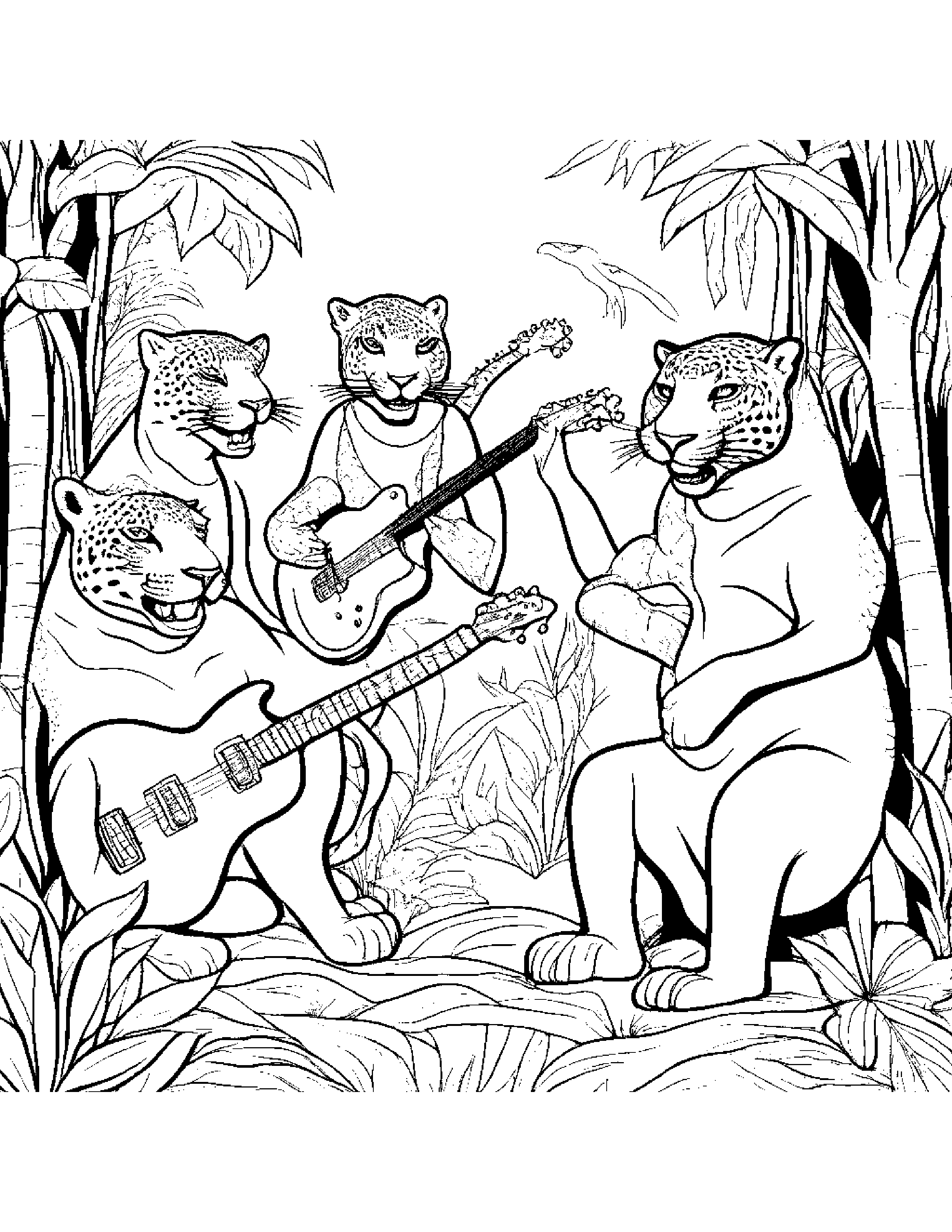 A Pack Of Jaguars Jamming Out On Electric Guitars And Drums In The Jungle Coloring Page (Free Printable PDF)