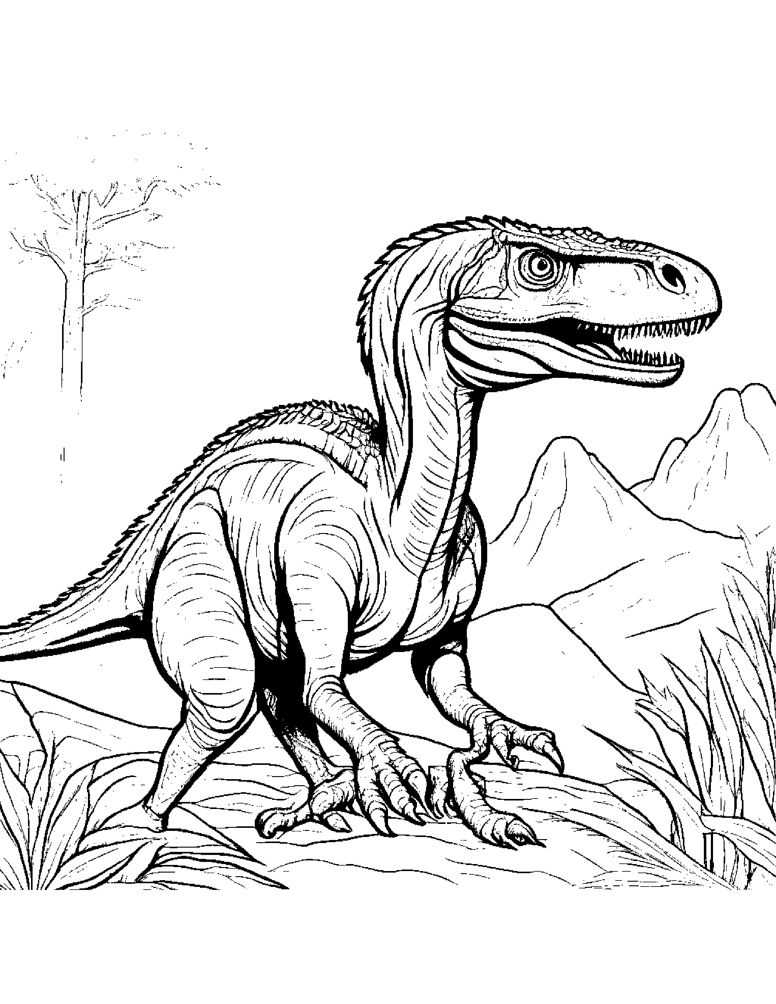 A Pack Of Juvenile Deinonychus Hunting And Feeding On A Dying Ceratosaurus Coloring Page (Free Printable PDF)