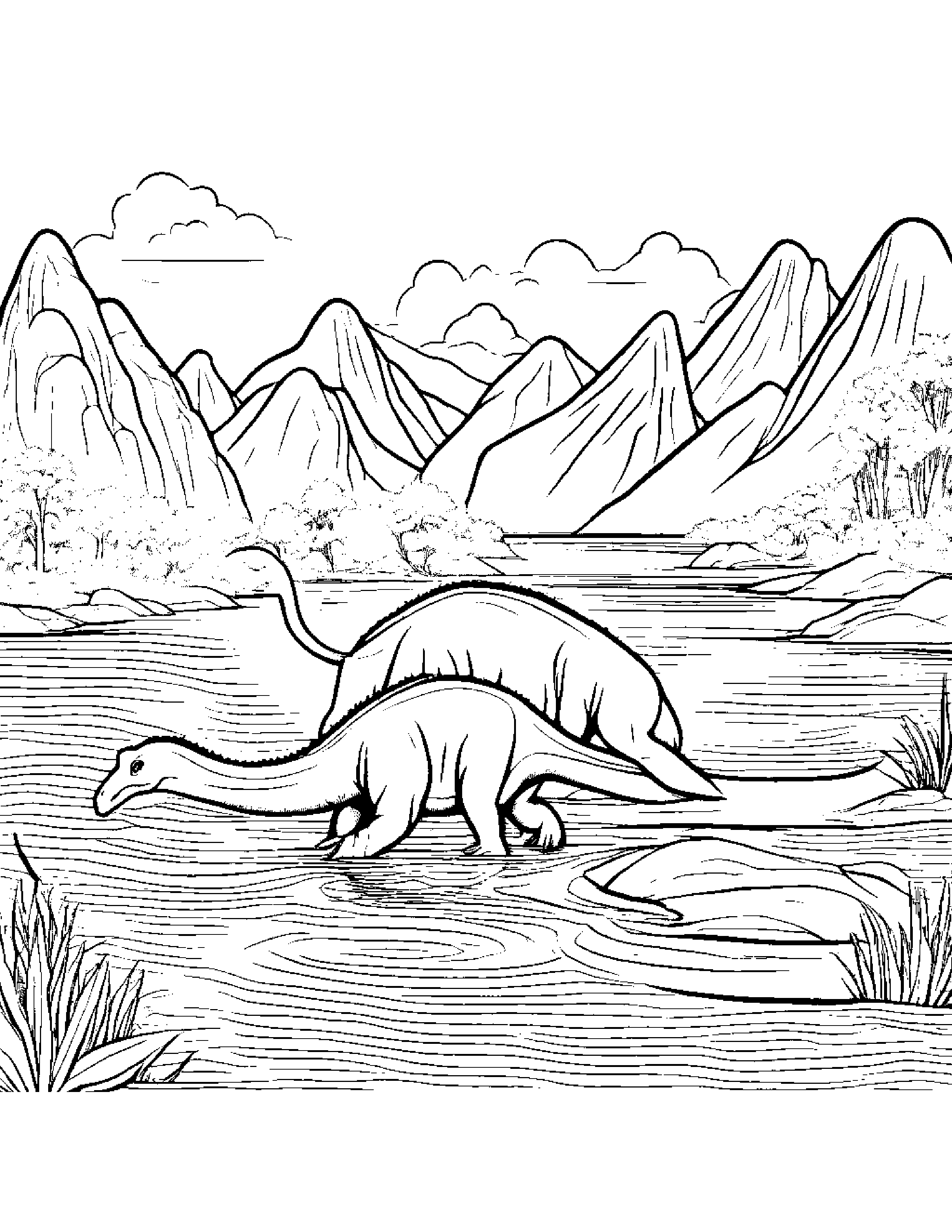 A Pack Of Juvenile Hadrosaurs Crossing A Wide River Using Their Powerful Tails For Balance Coloring Page (Free Printable PDF)
