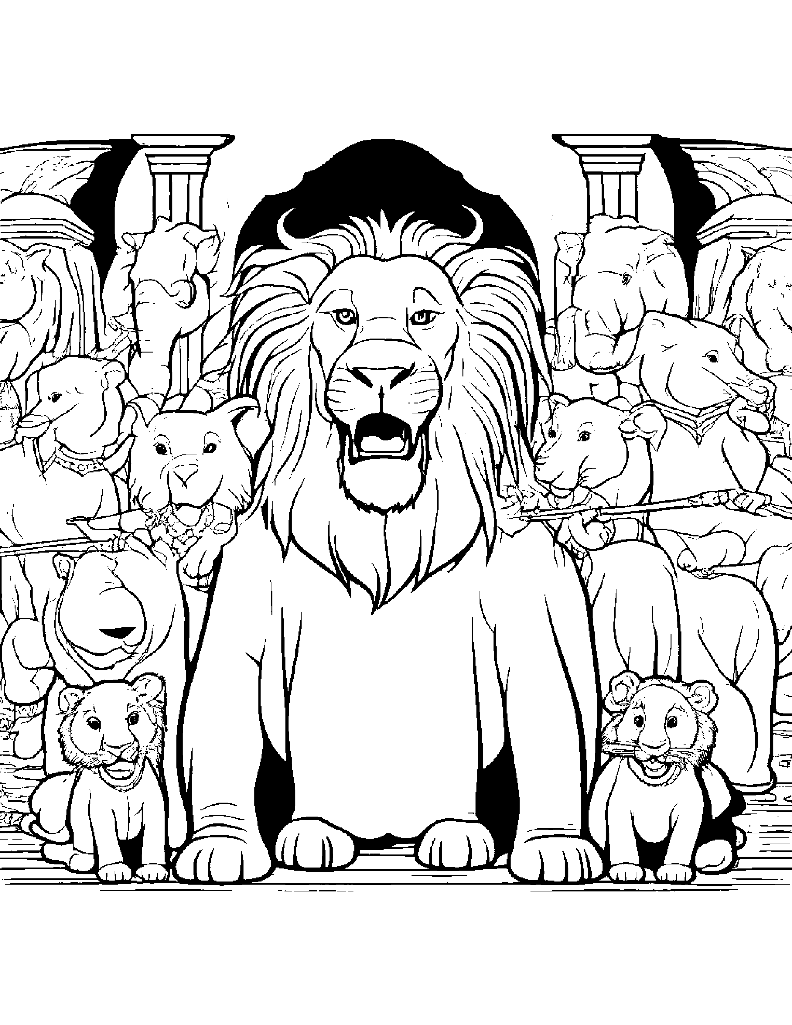 A Pride Of Lions Putting On A Symphony Performance In Front Of A Royal Audience Of Elephants And Hippos Coloring Page (Free Printable PDF)