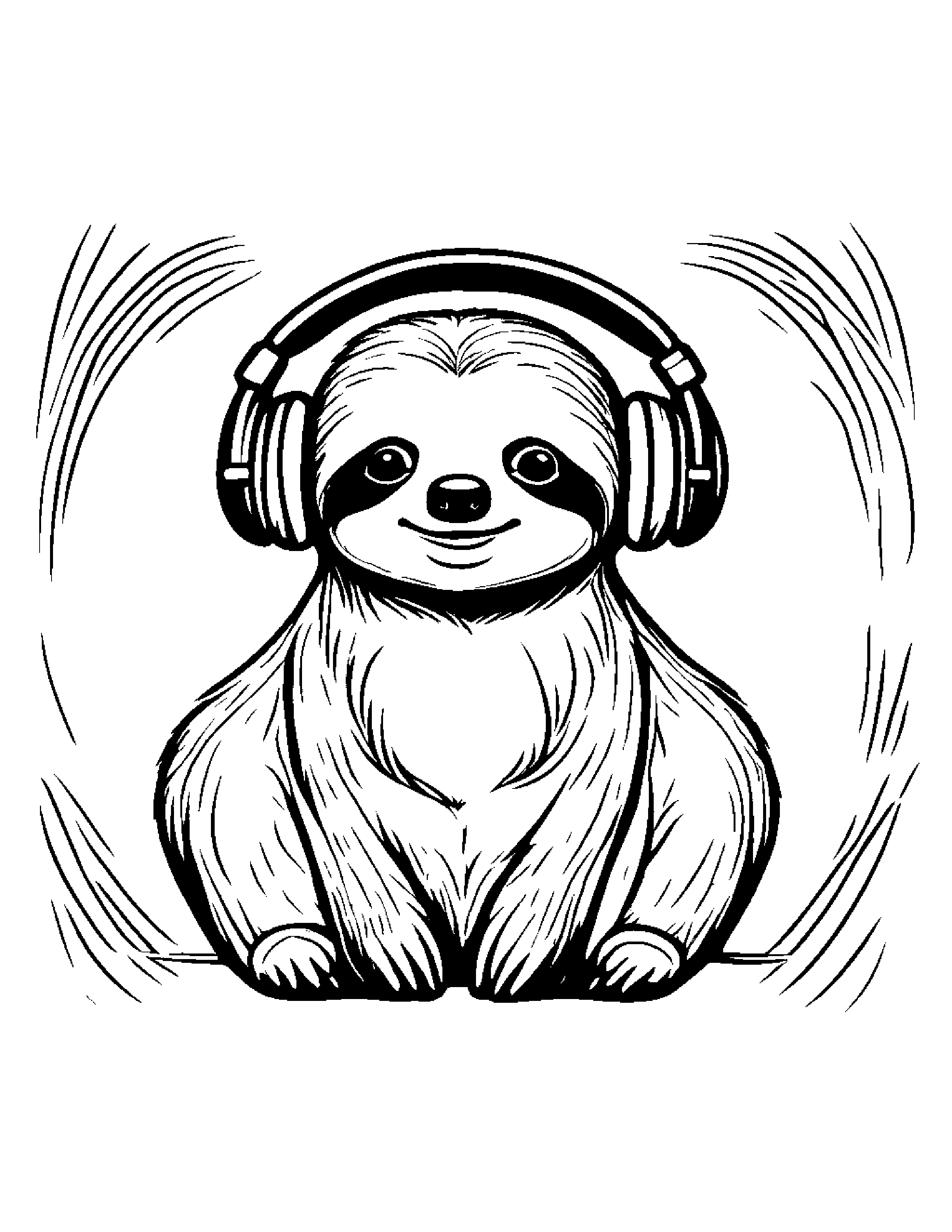 A Sloth Wearing Headphones And Jamming To His Favorite Tunes Coloring Page (Free Printable PDF)