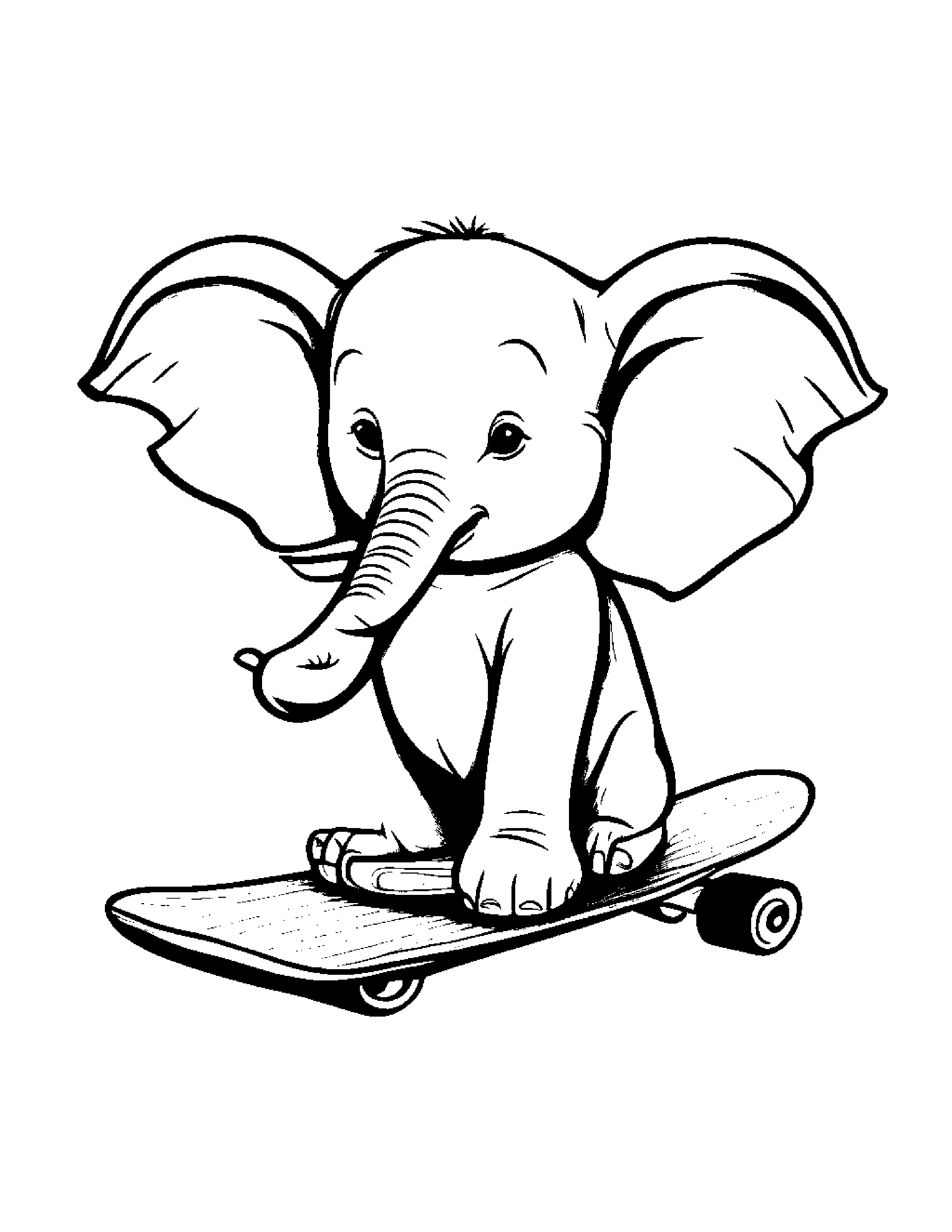 Baby Elephant Riding A Skateboard Coloring Page (Free Printable PDF)
