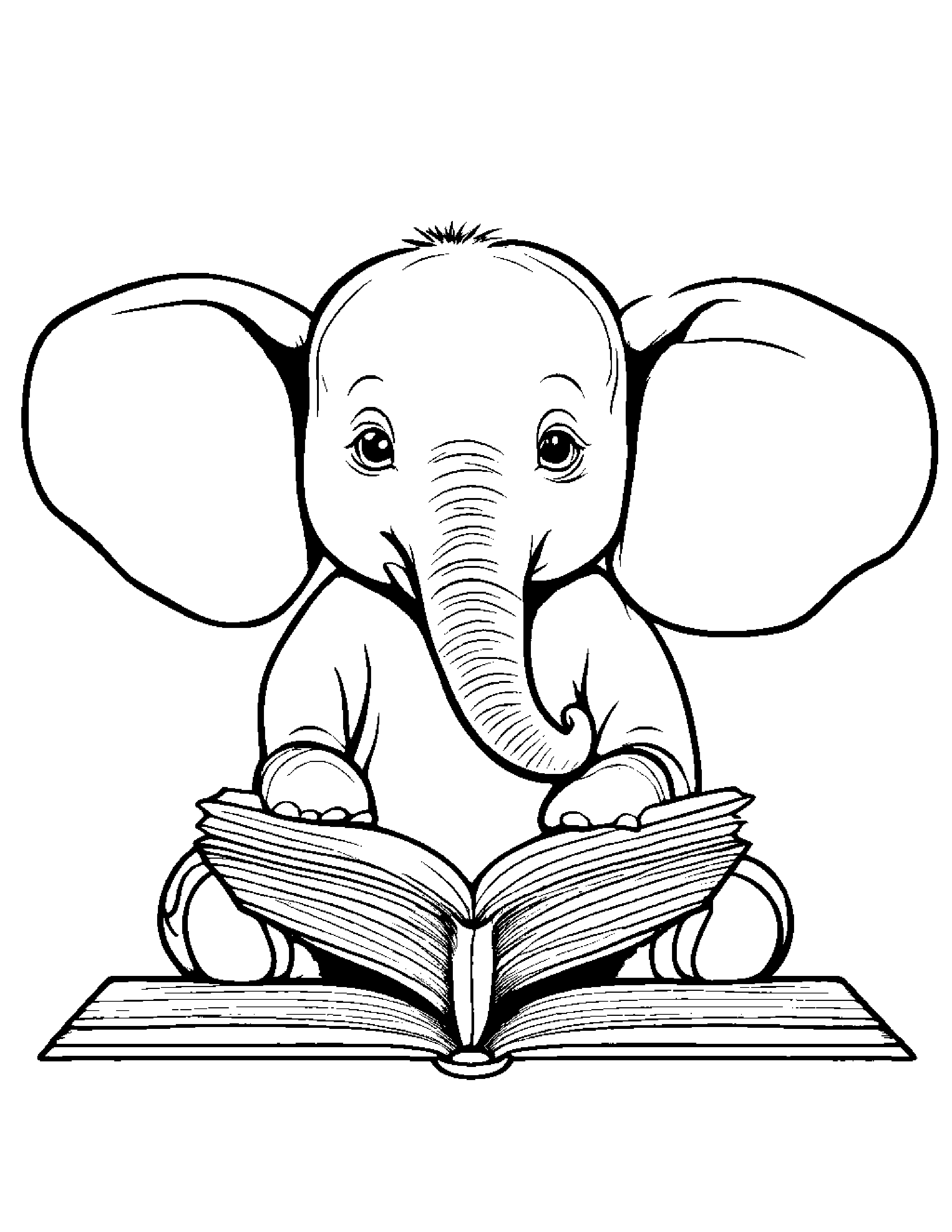 Elephant Calf Reading A Book Coloring Page (Free Printable PDF)