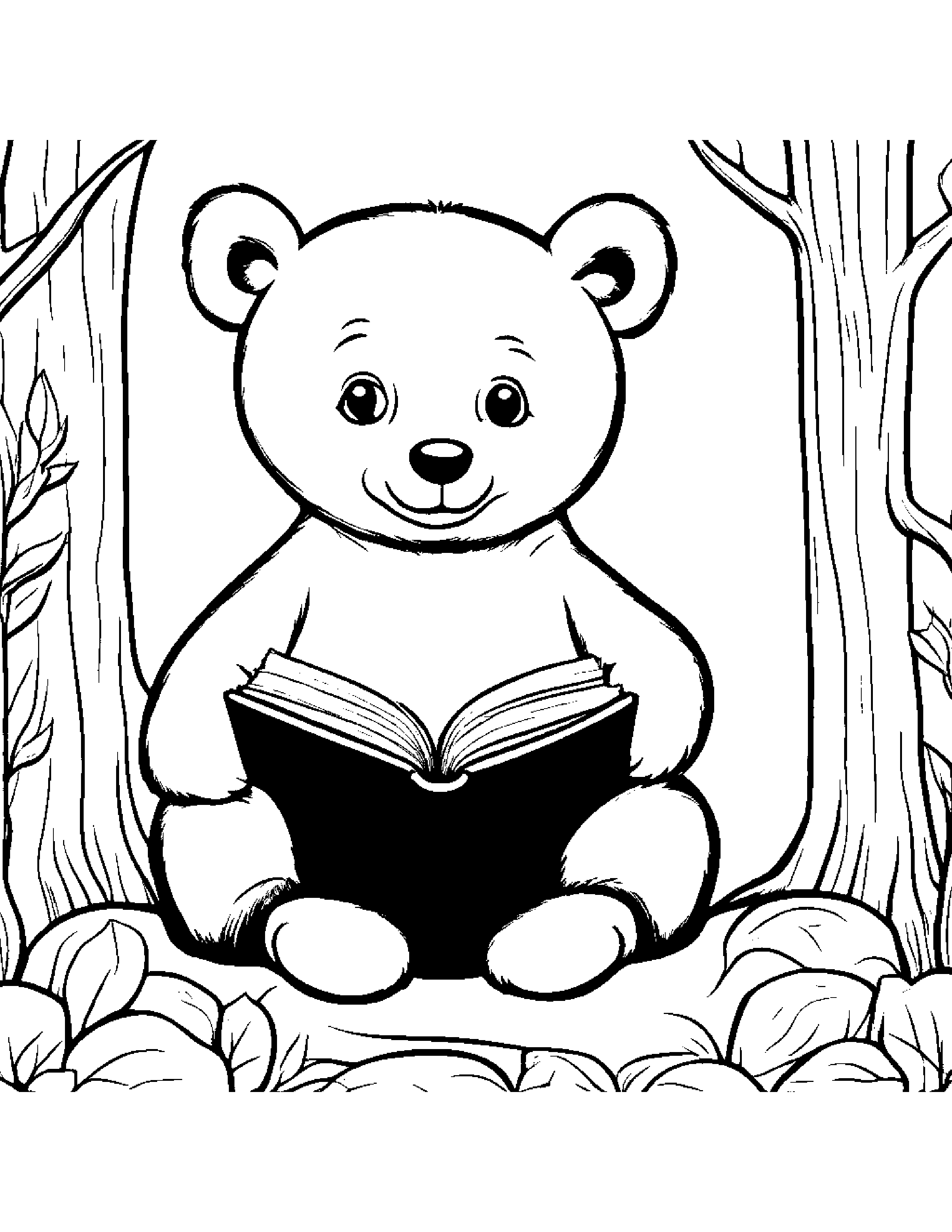 Happy Bear Cub Reading A Book #2 Coloring Page (Free Printable PDF)