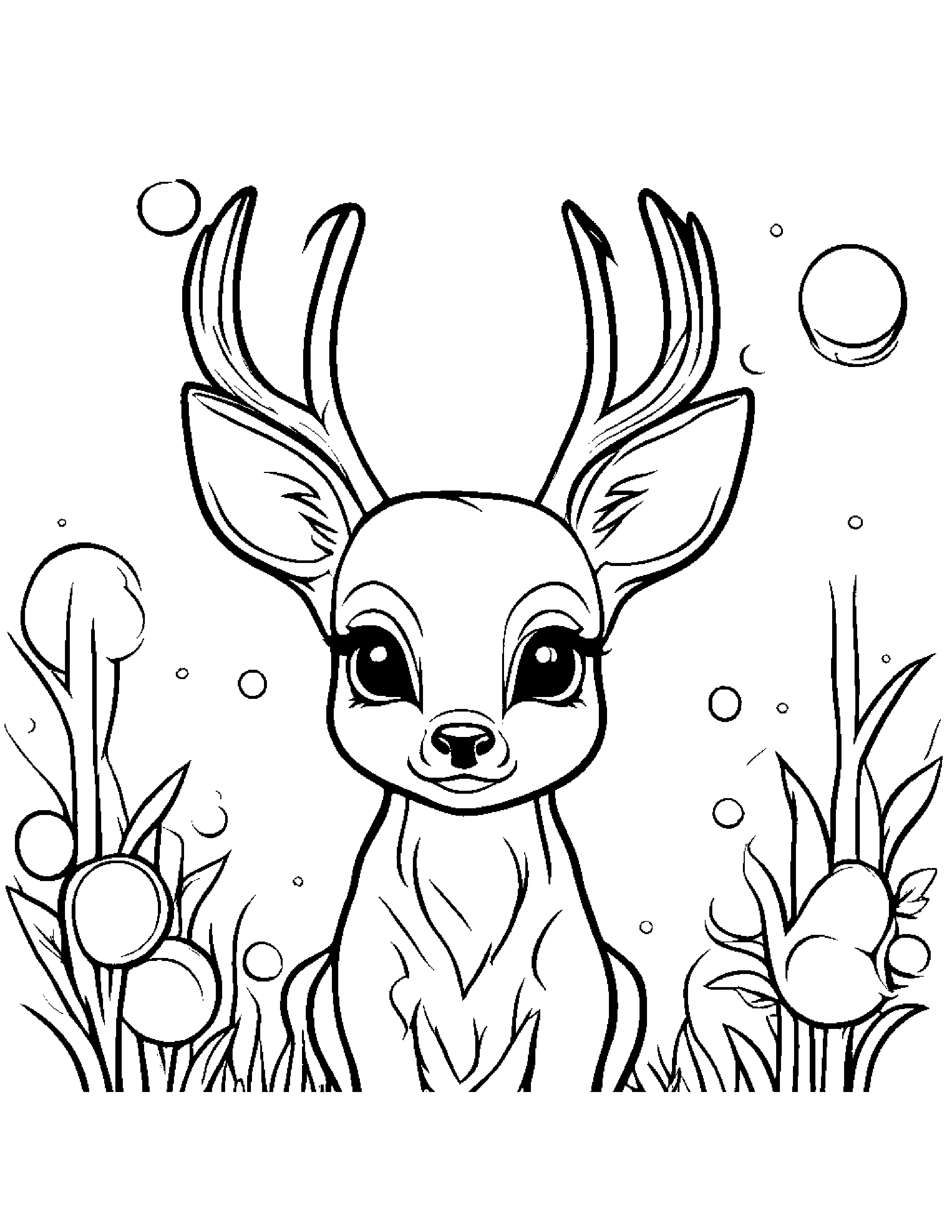 Kawaii Deer Fawn Blowing Bubbles Coloring Page (Free Printable PDF)