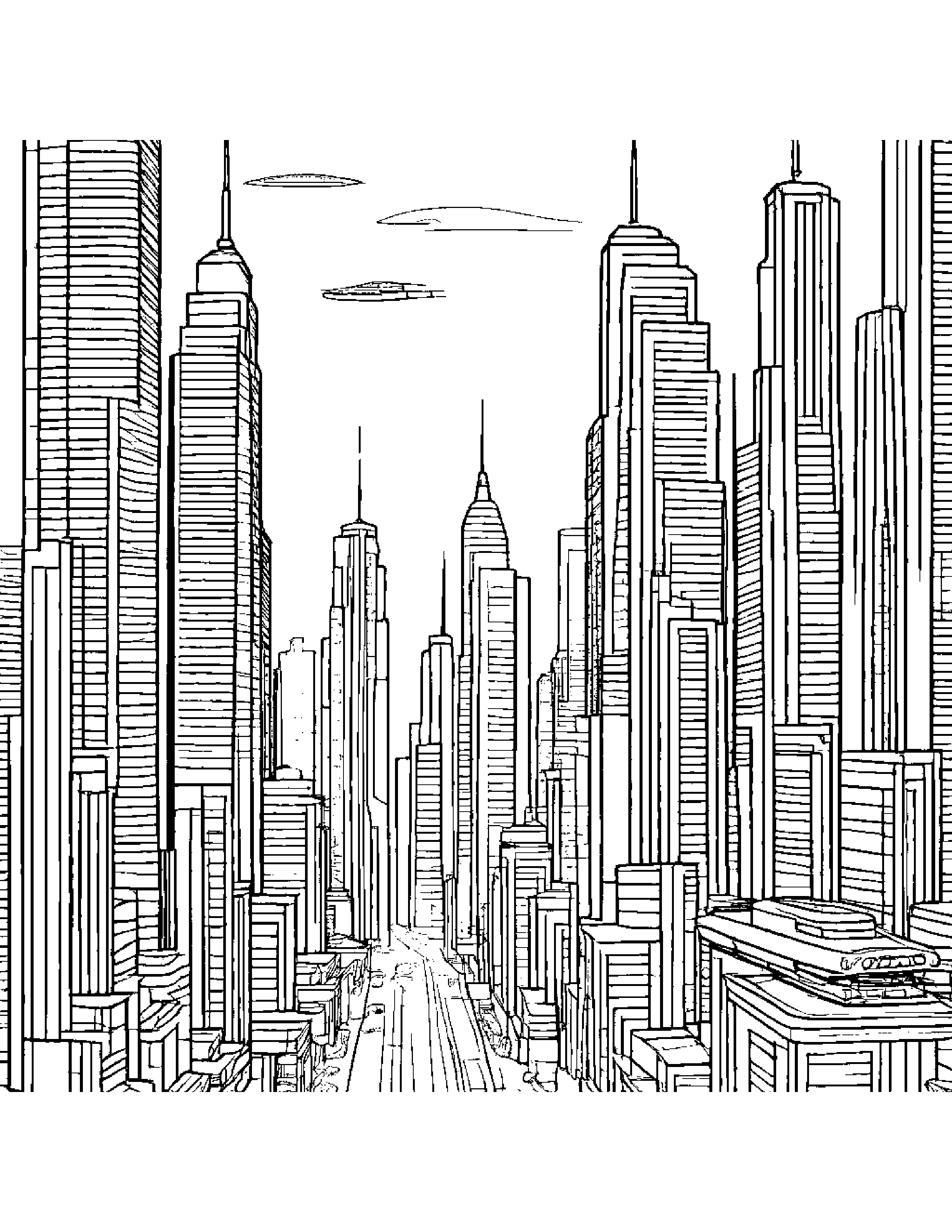 A Futuristic Cityscape With Hovercars And Skyscrapers Coloring Page (Free Printable PDF)