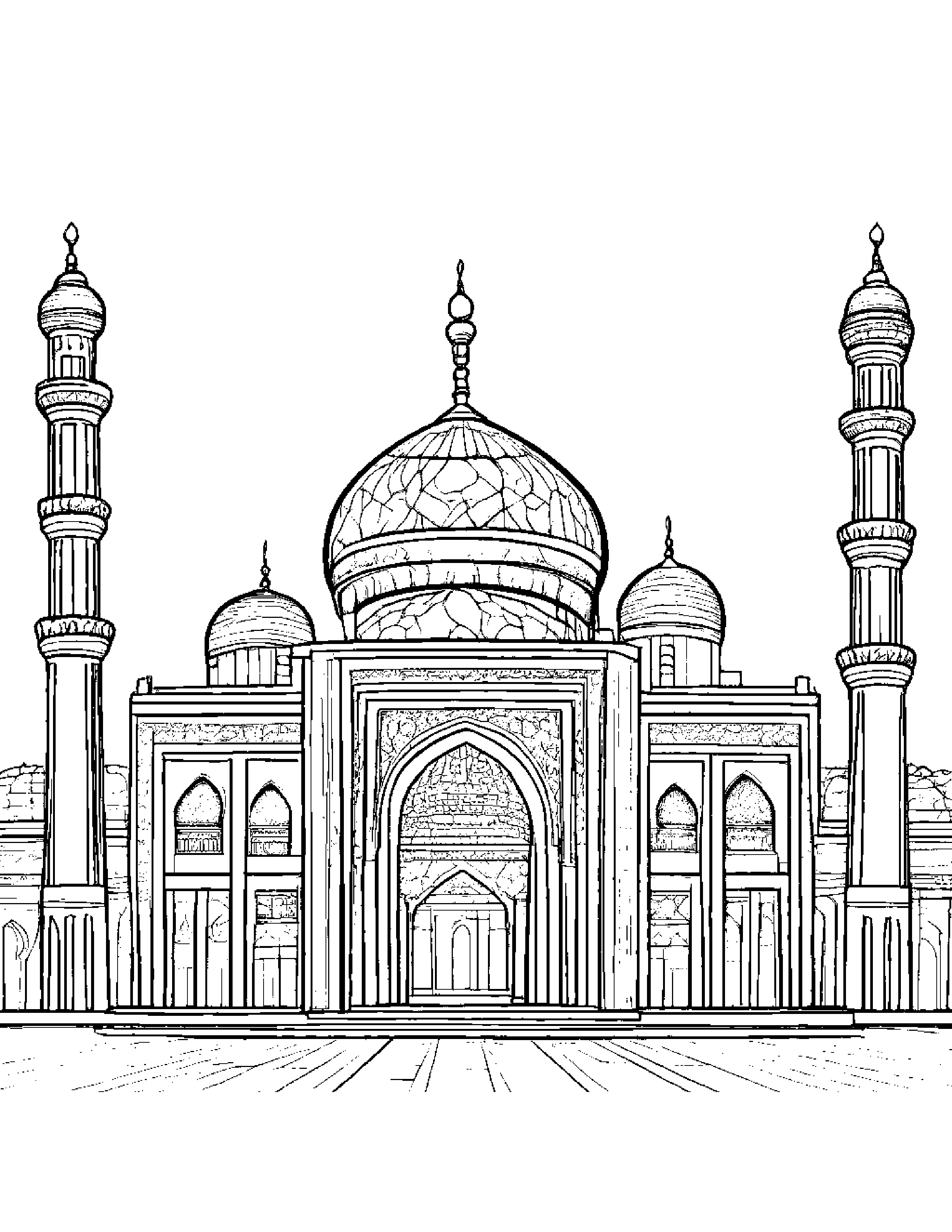A Mosque With Intricate Domes And Minarets Coloring Page (Free Printable PDF)