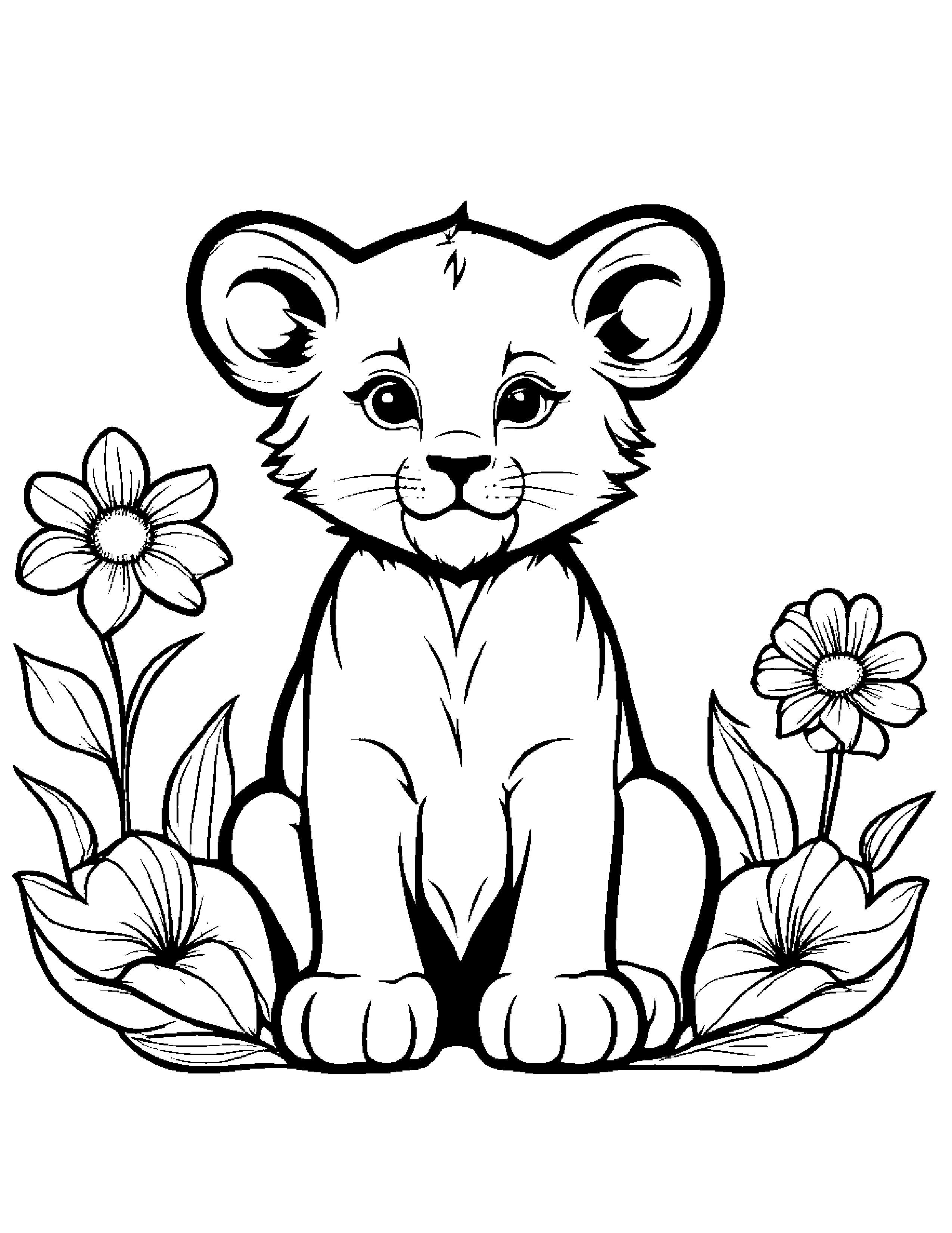 Little Lion Cub With A Flower #2 Coloring Page (Free Printable PDF)