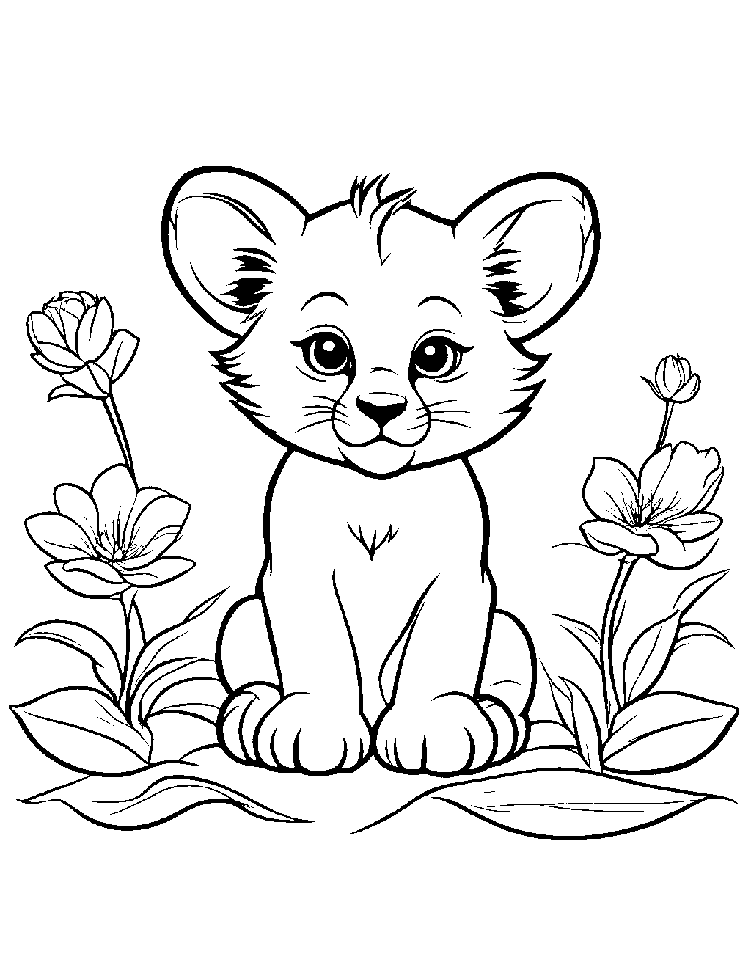 Little Lion Cub With A Flower Coloring Page (Free Printable PDF)