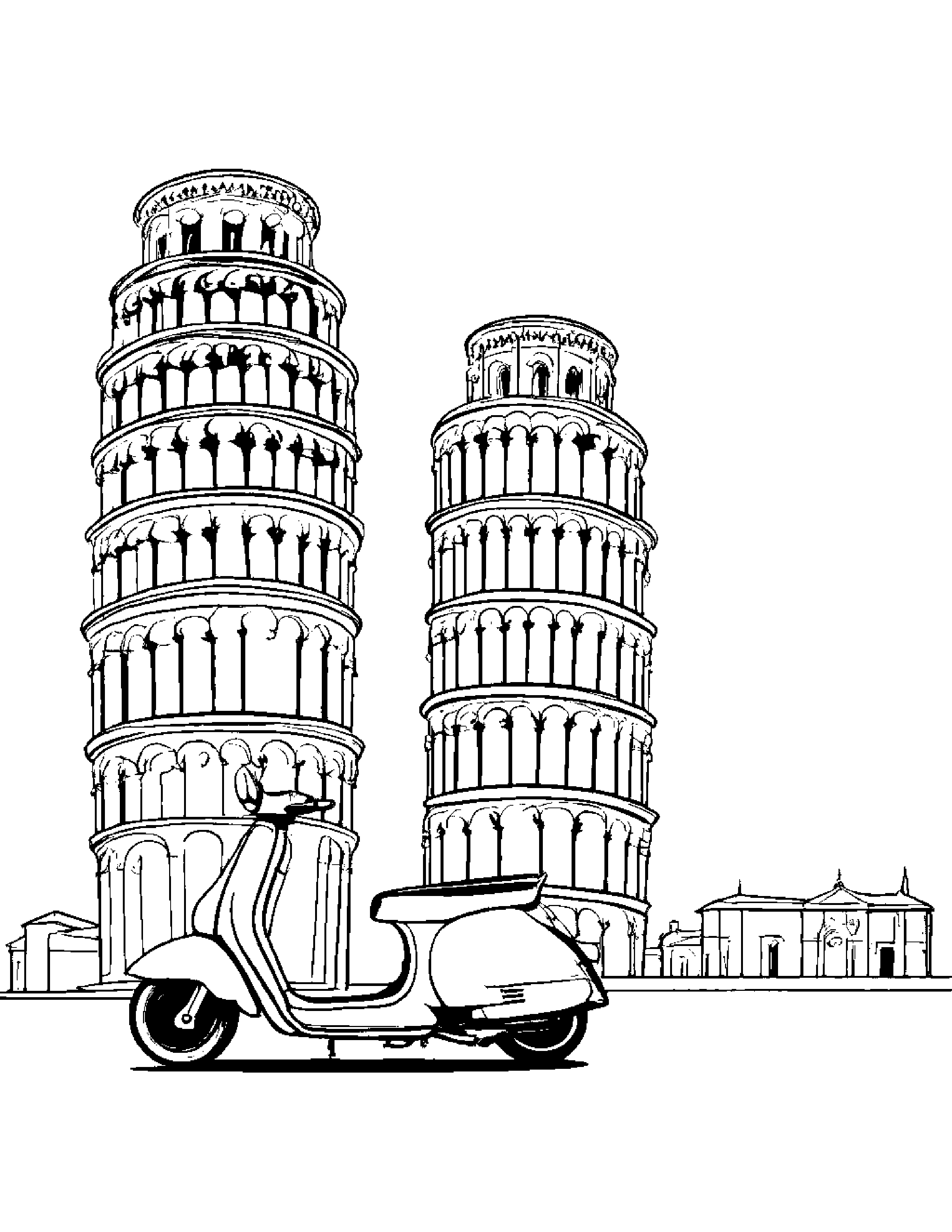 Pisa Leaning Tower With Scooters Coloring Page (Free Printable PDF)