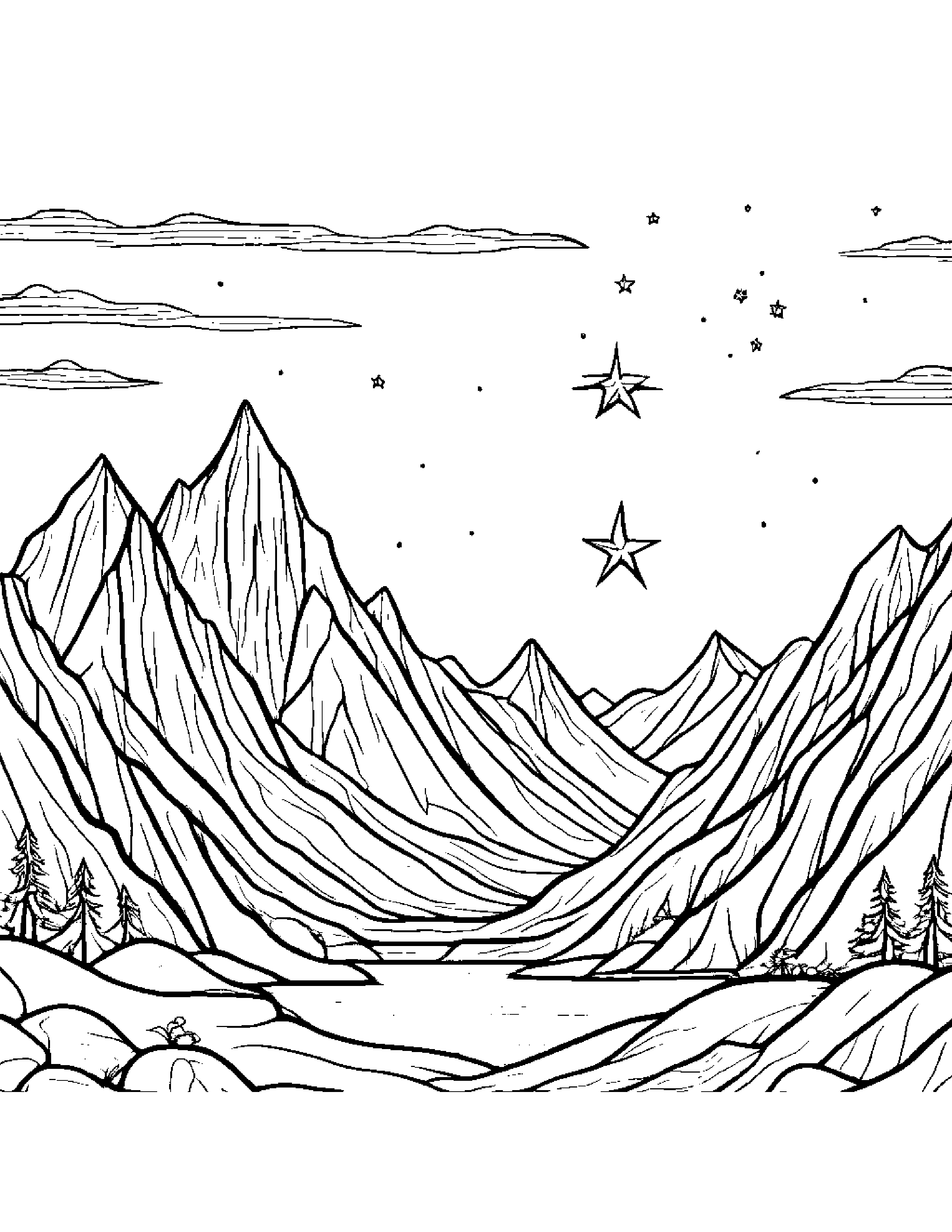 Sleepy Mountain With A Star Coloring Page (Free Printable PDF)