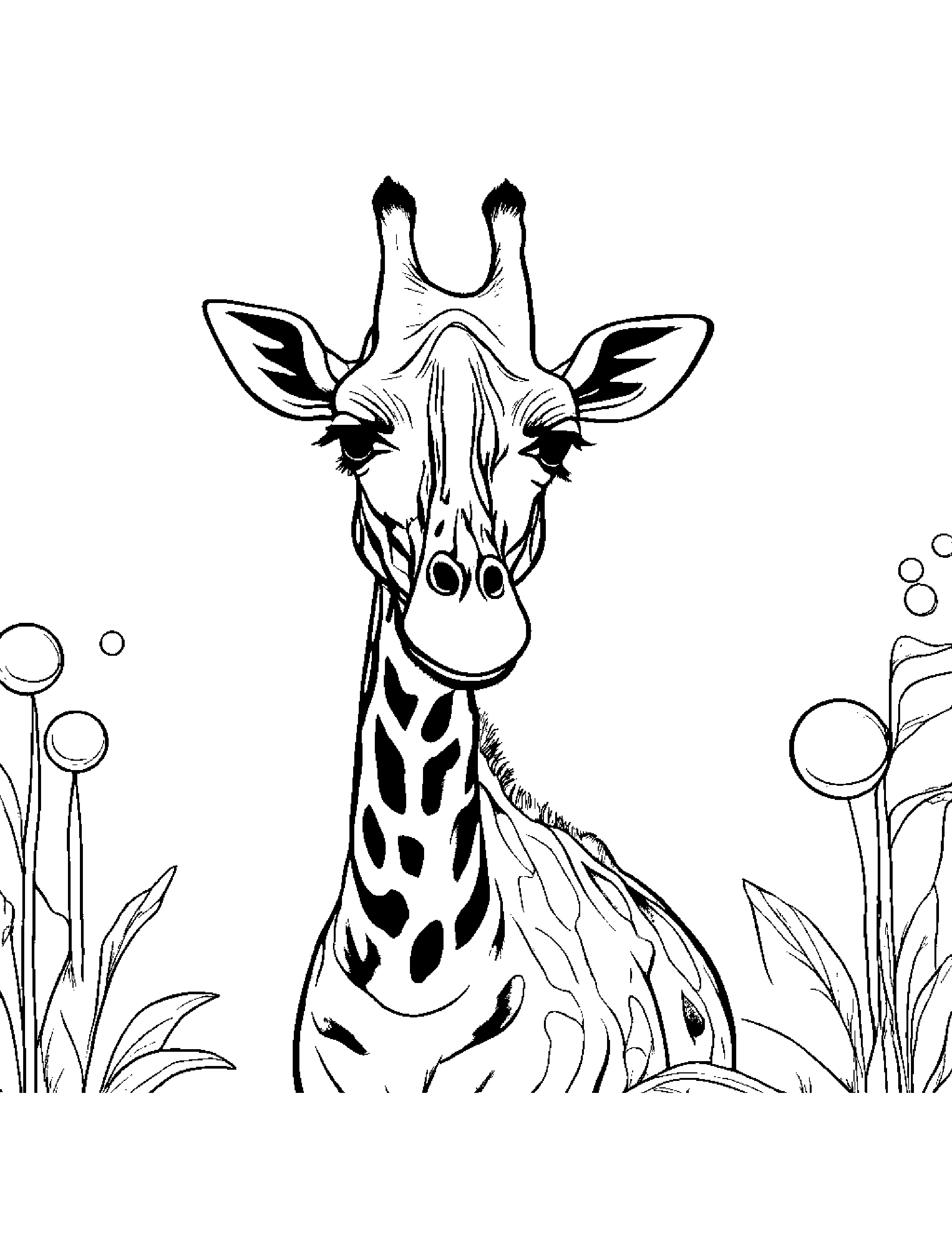 Gentle Giraffe Blowing Bubbles Coloring Page (Free Printable PDF)