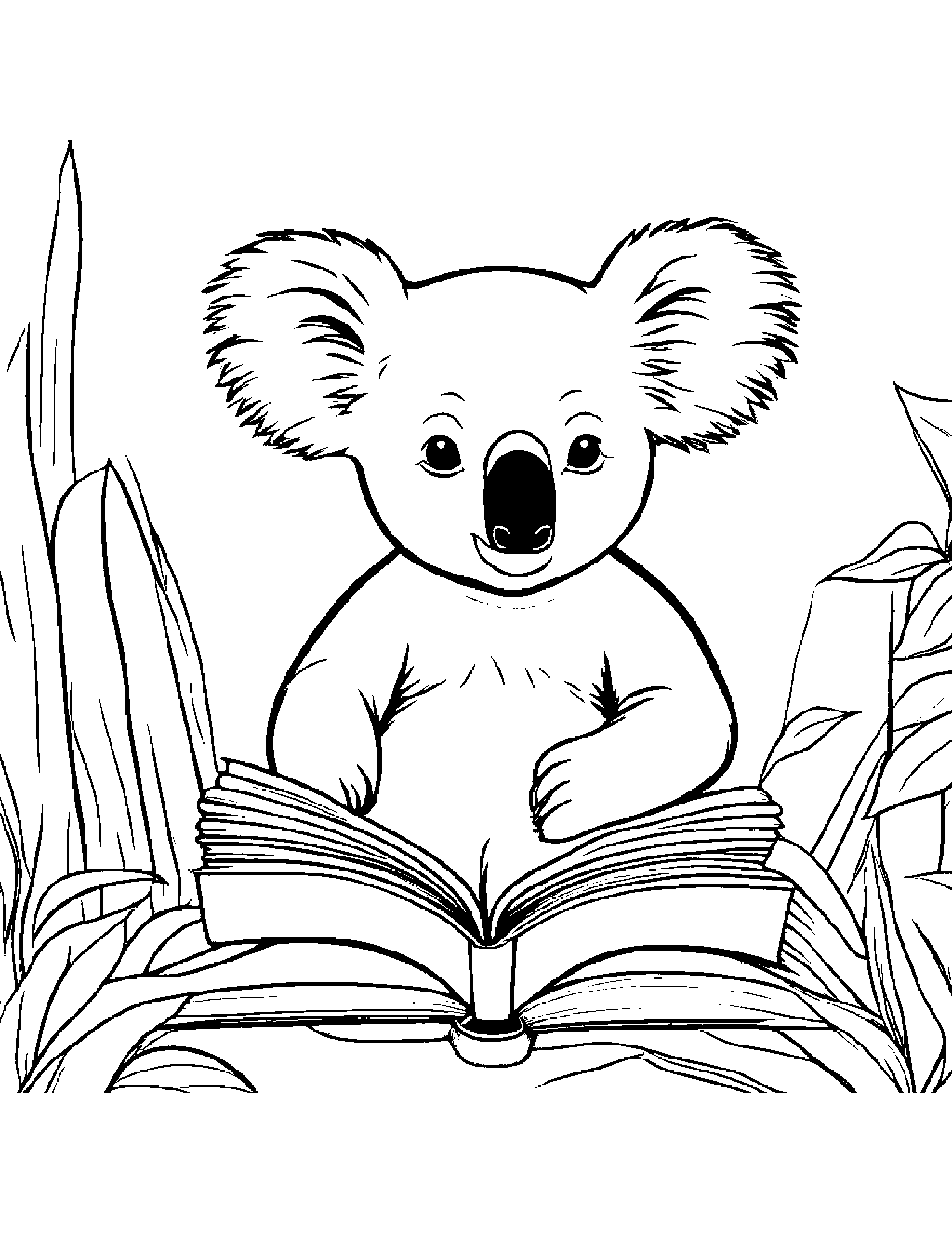 Koala Reading A Book Coloring Page (Free Printable PDF)
