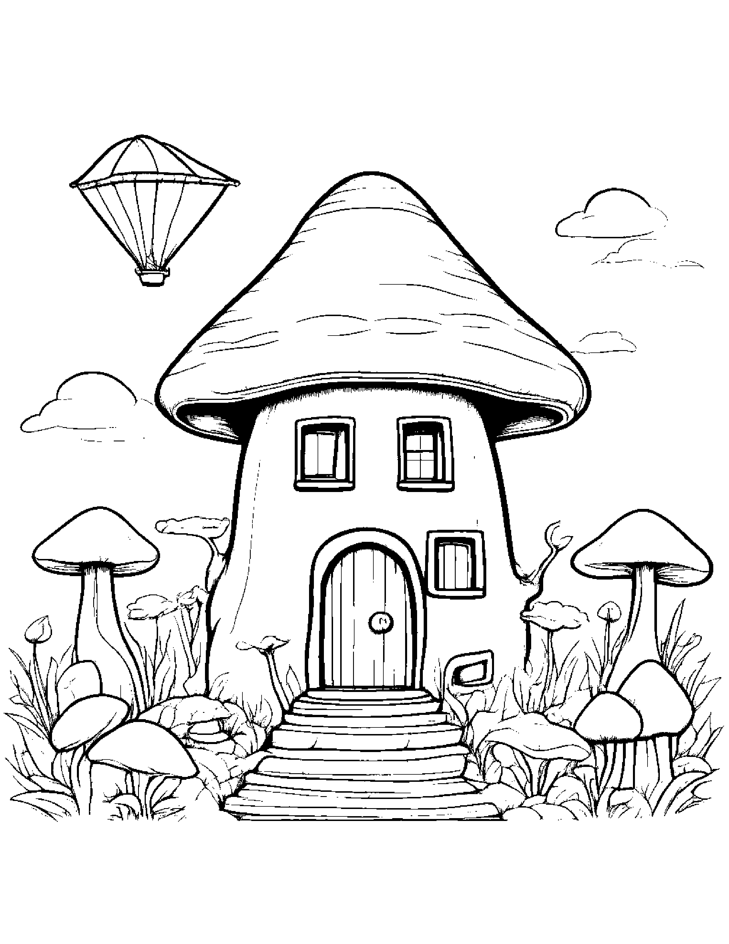 Sleepy Mushroom House With A Kite #2 Coloring Page (Free Printable PDF)