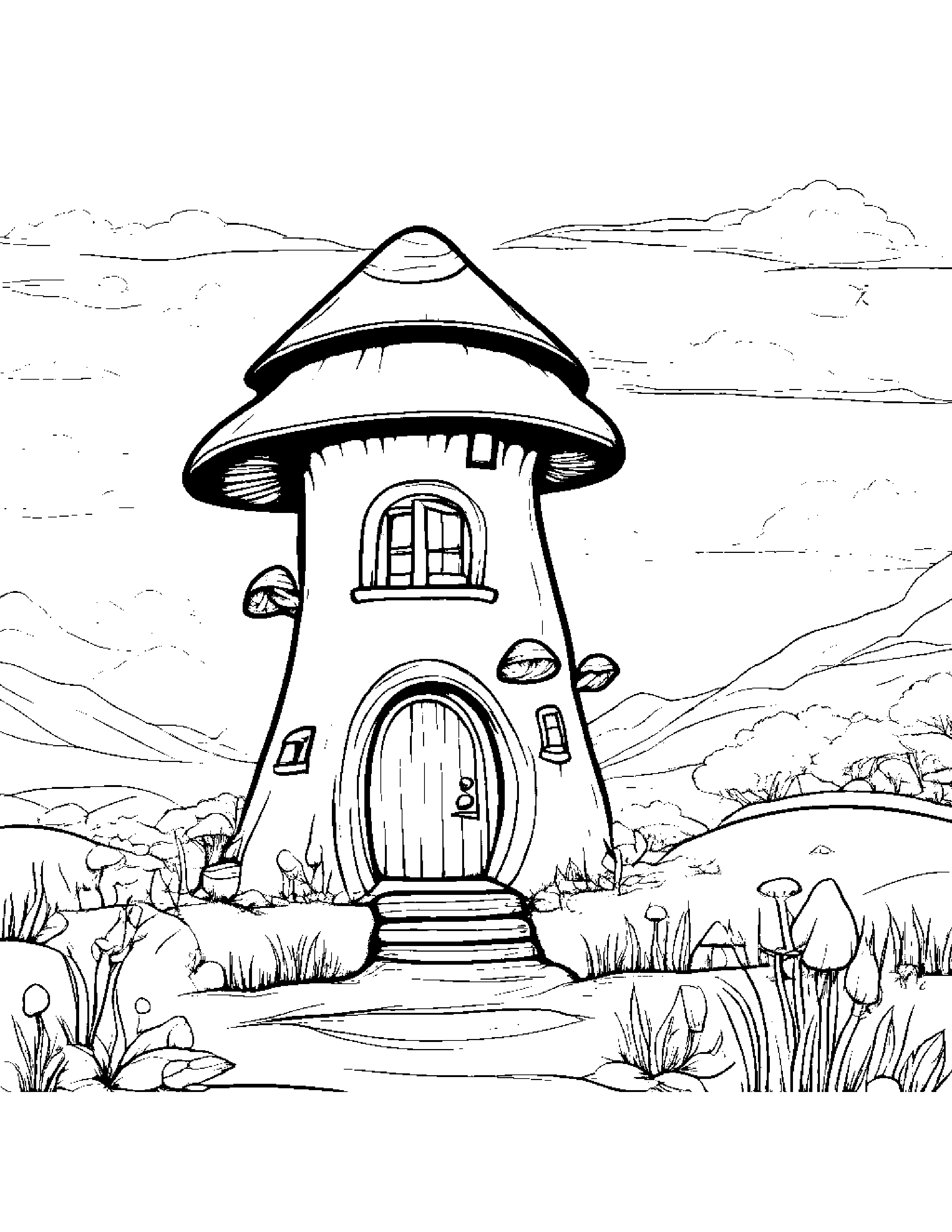 Sleepy Mushroom House With A Kite Coloring Page (Free Printable PDF)