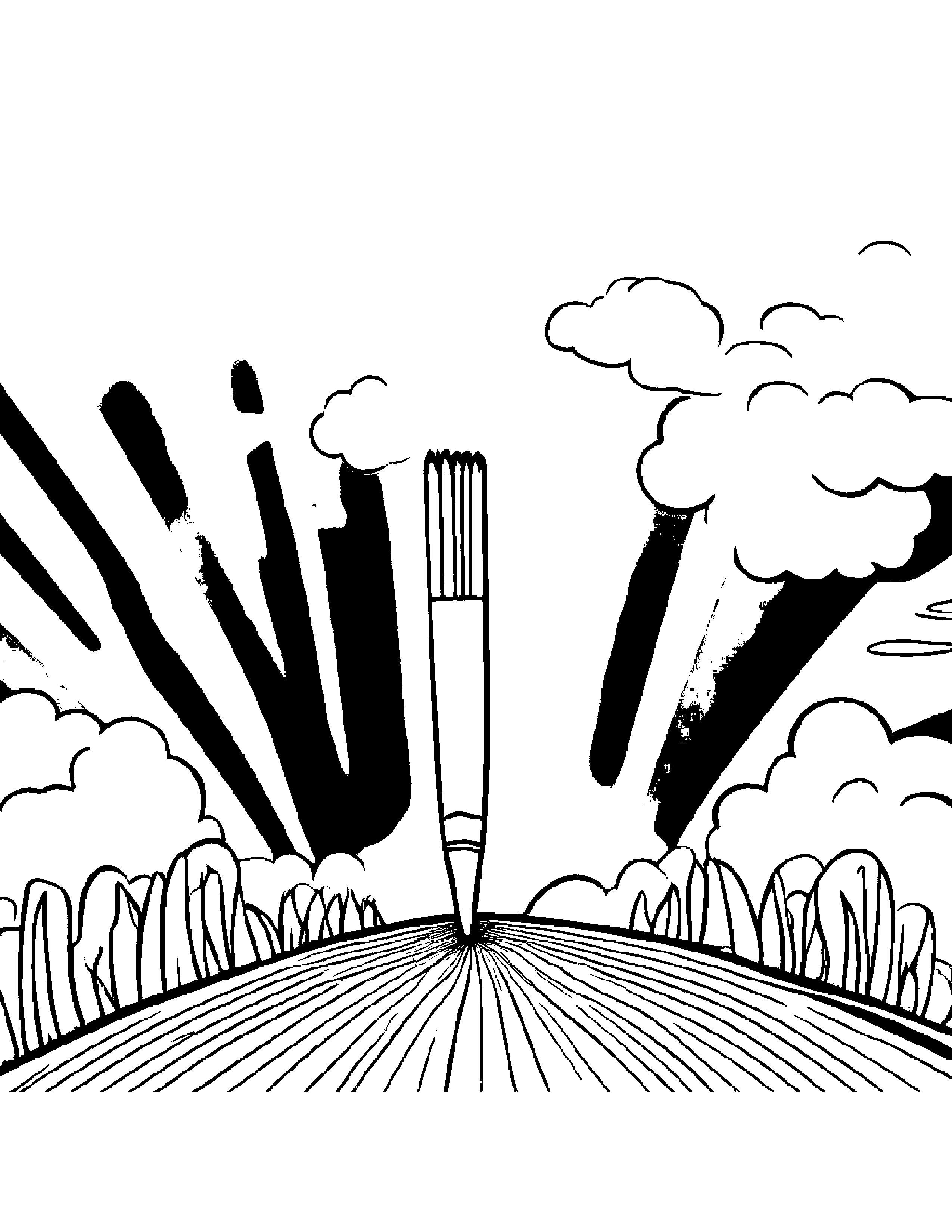 Paintbrush Balancing On A Line Under A Rainbow Coloring Page (Free Printable PDF)