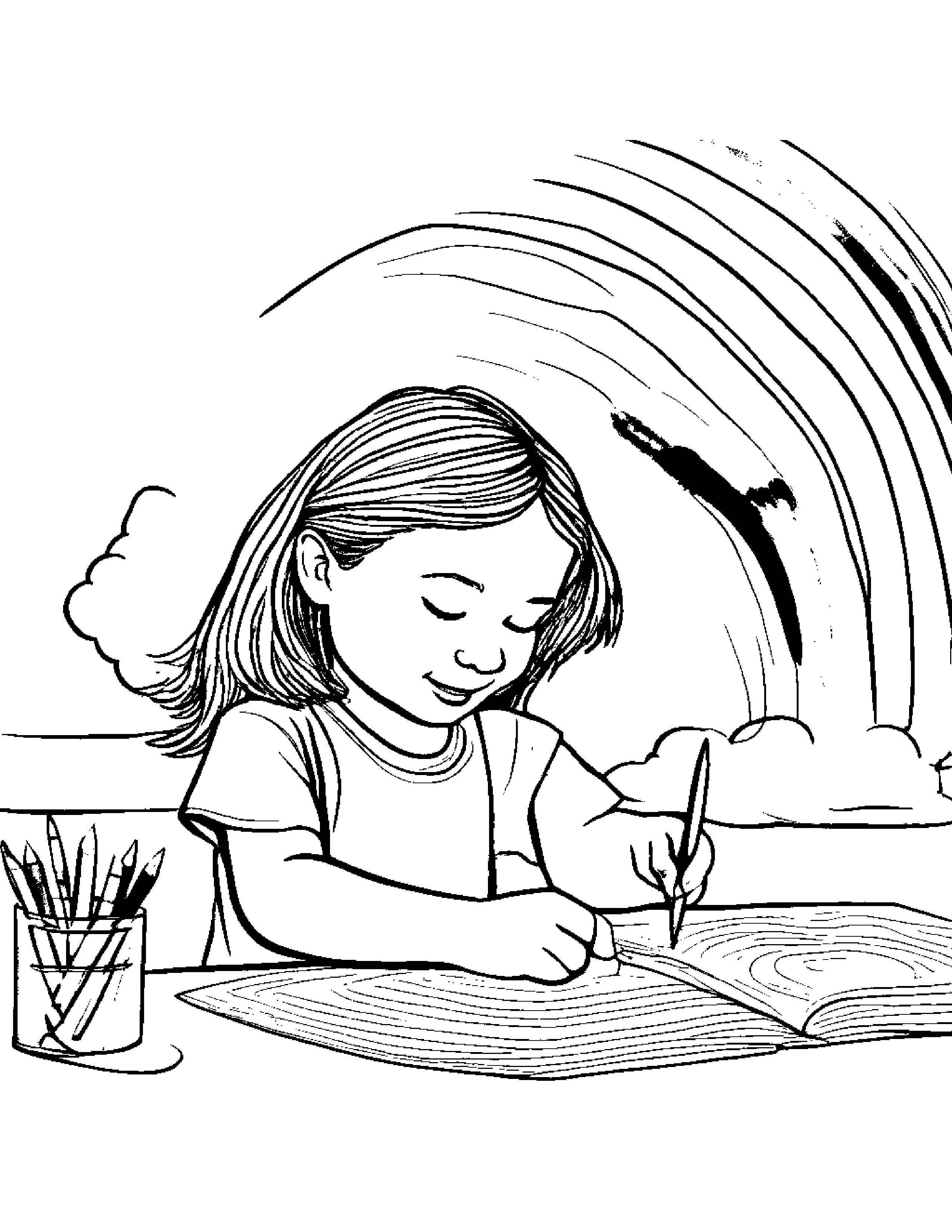 A Girl Painting A Vibrant Rainbow With Her Fingertips Coloring Page (Free Printable PDF)