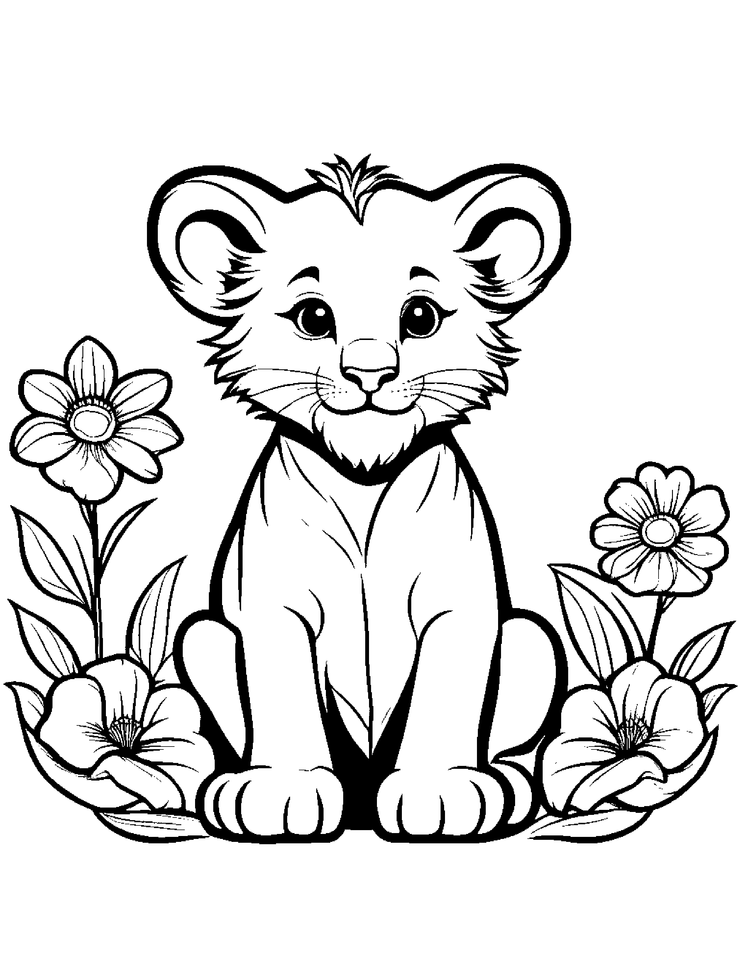 Happy Lion Cub With A Flower #2 Coloring Page (Free Printable PDF)