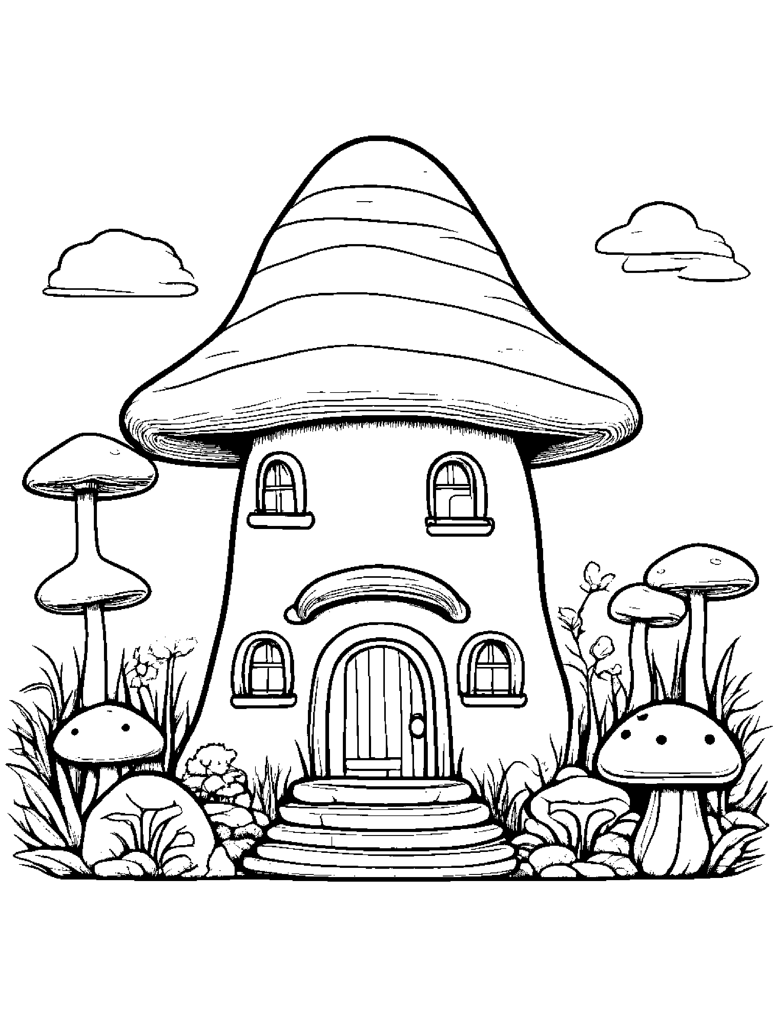 Happy Mushroom House #2 Coloring Page (Free Printable PDF)