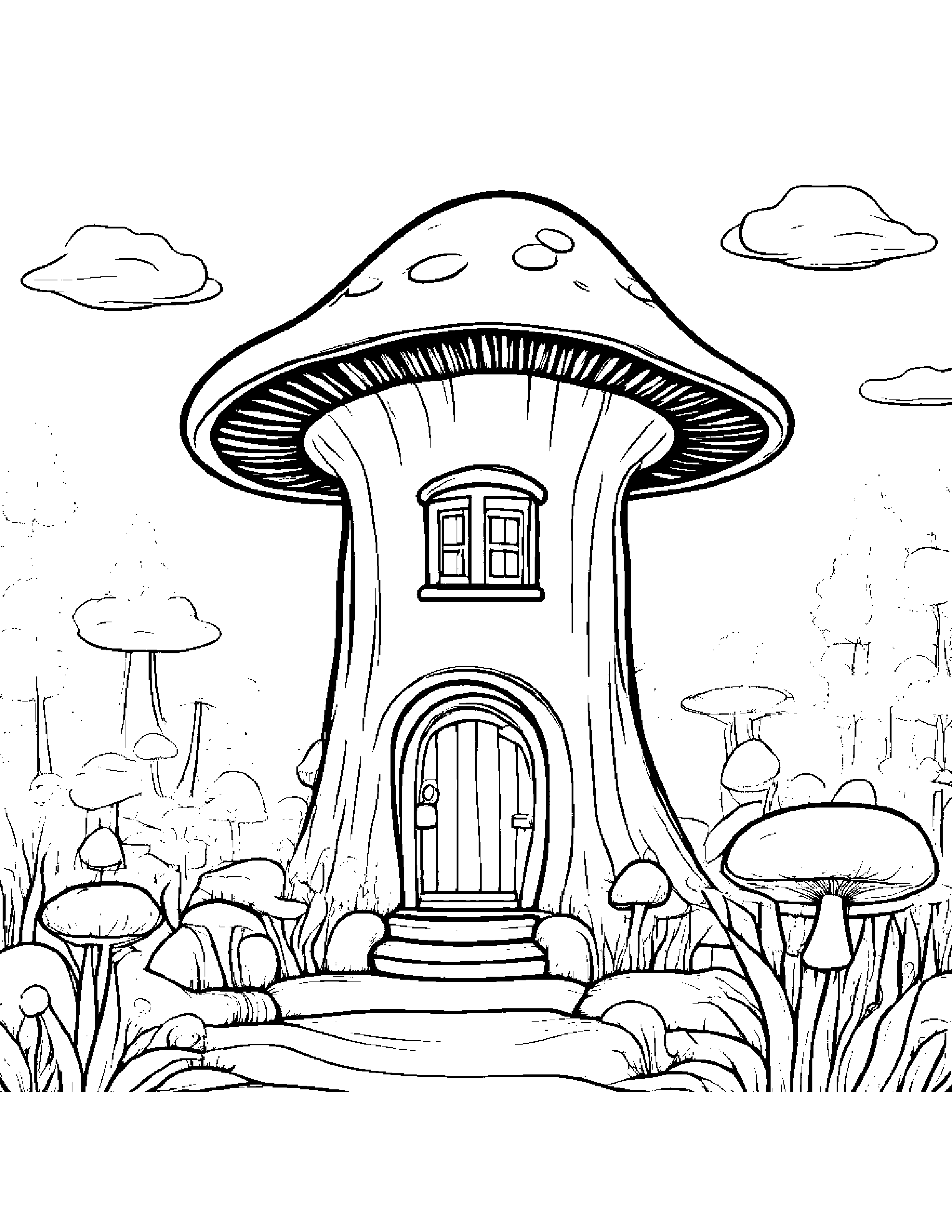 Happy Mushroom House Coloring Page (Free Printable PDF)