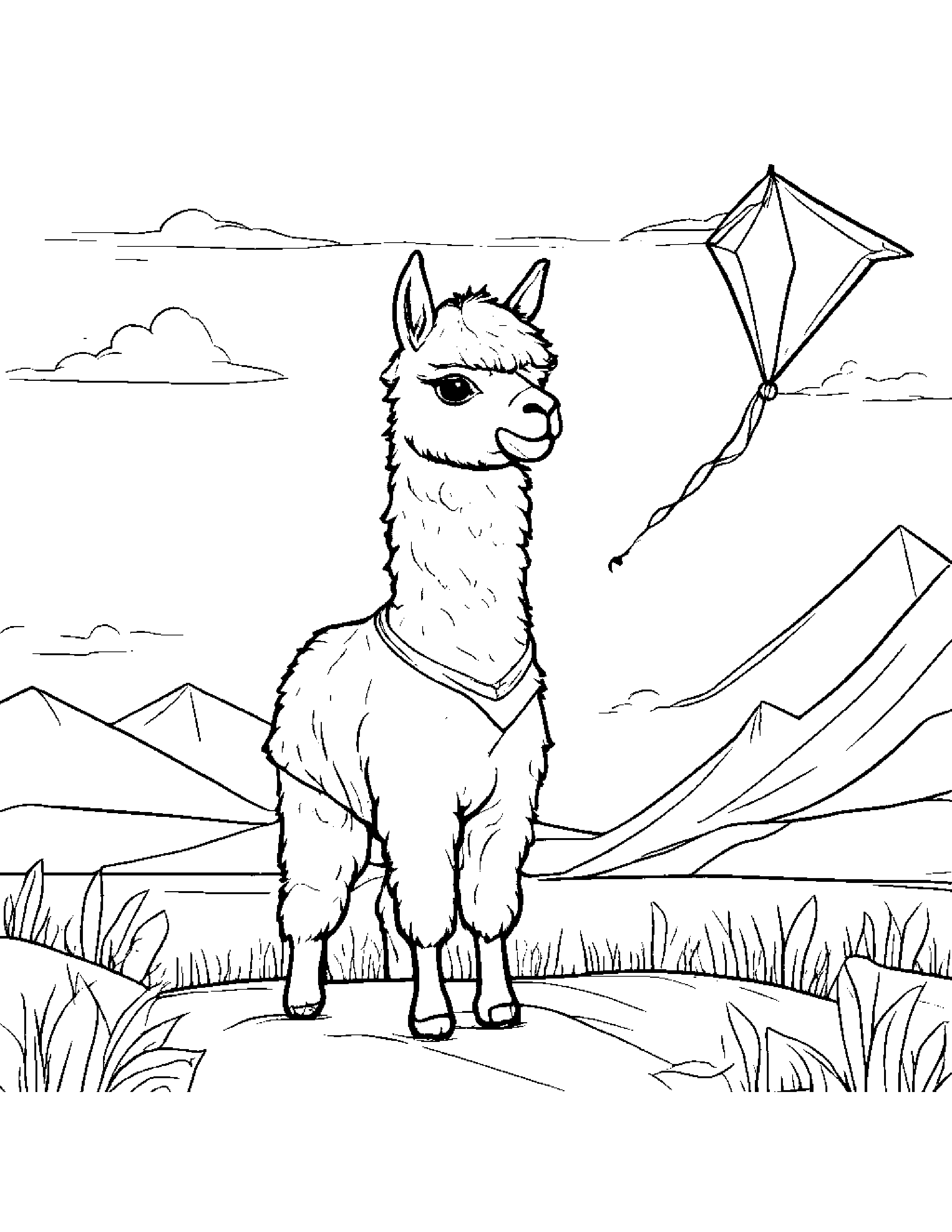 Alpaca With A Kite Coloring Page (Free Printable PDF)