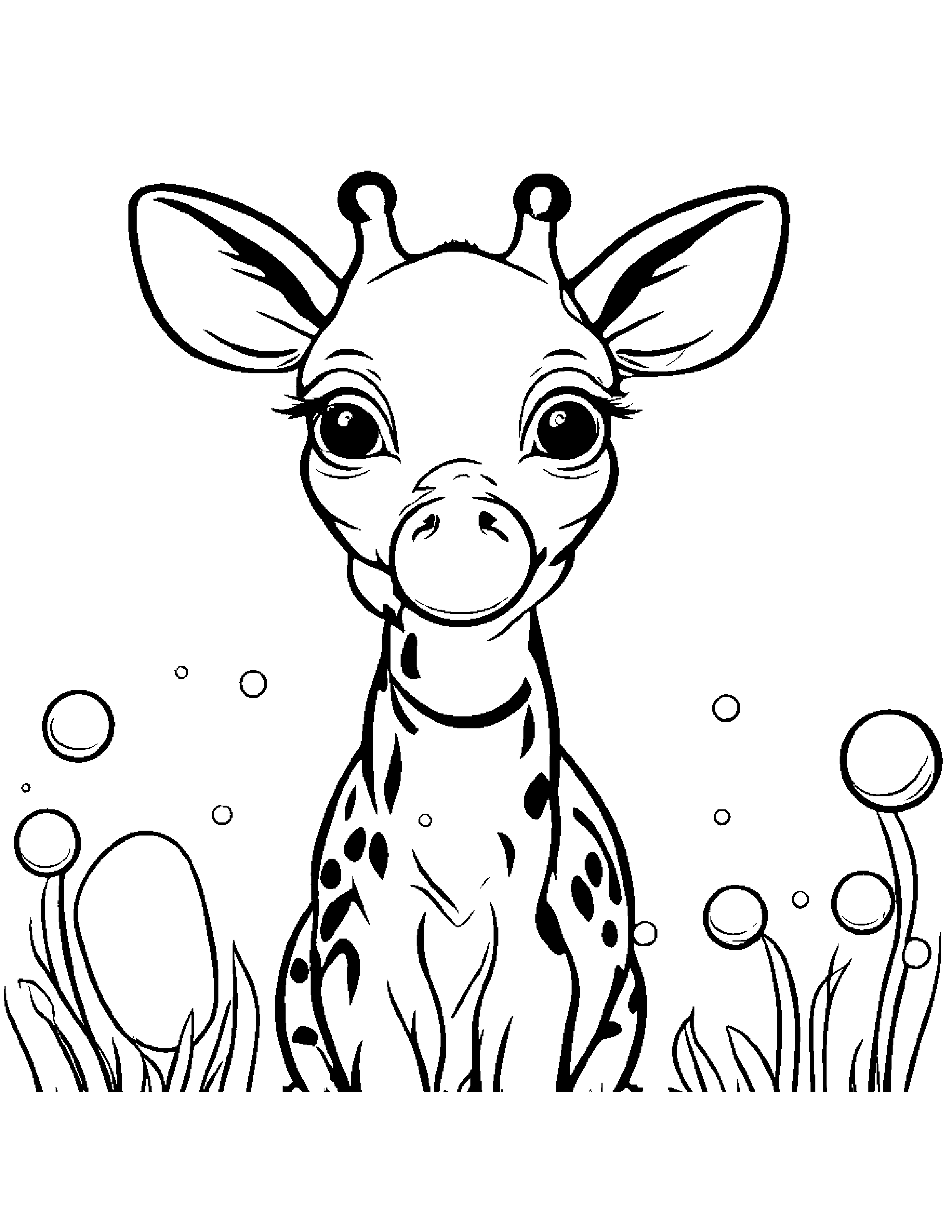 Little Giraffe Blowing Bubbles #2 Coloring Page (Free Printable PDF)
