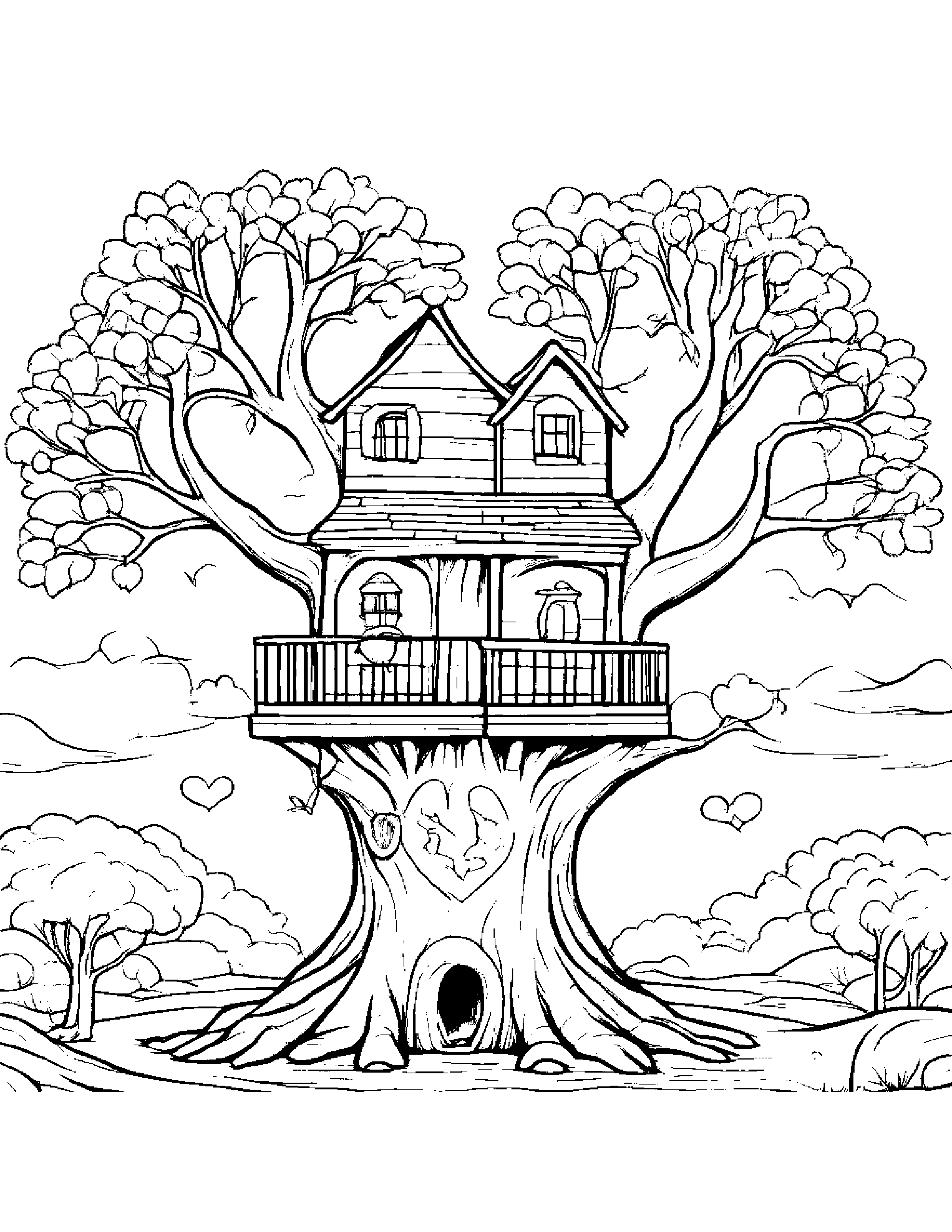 Treehouse Hugging A Heart #2 Coloring Page (Free Printable PDF)