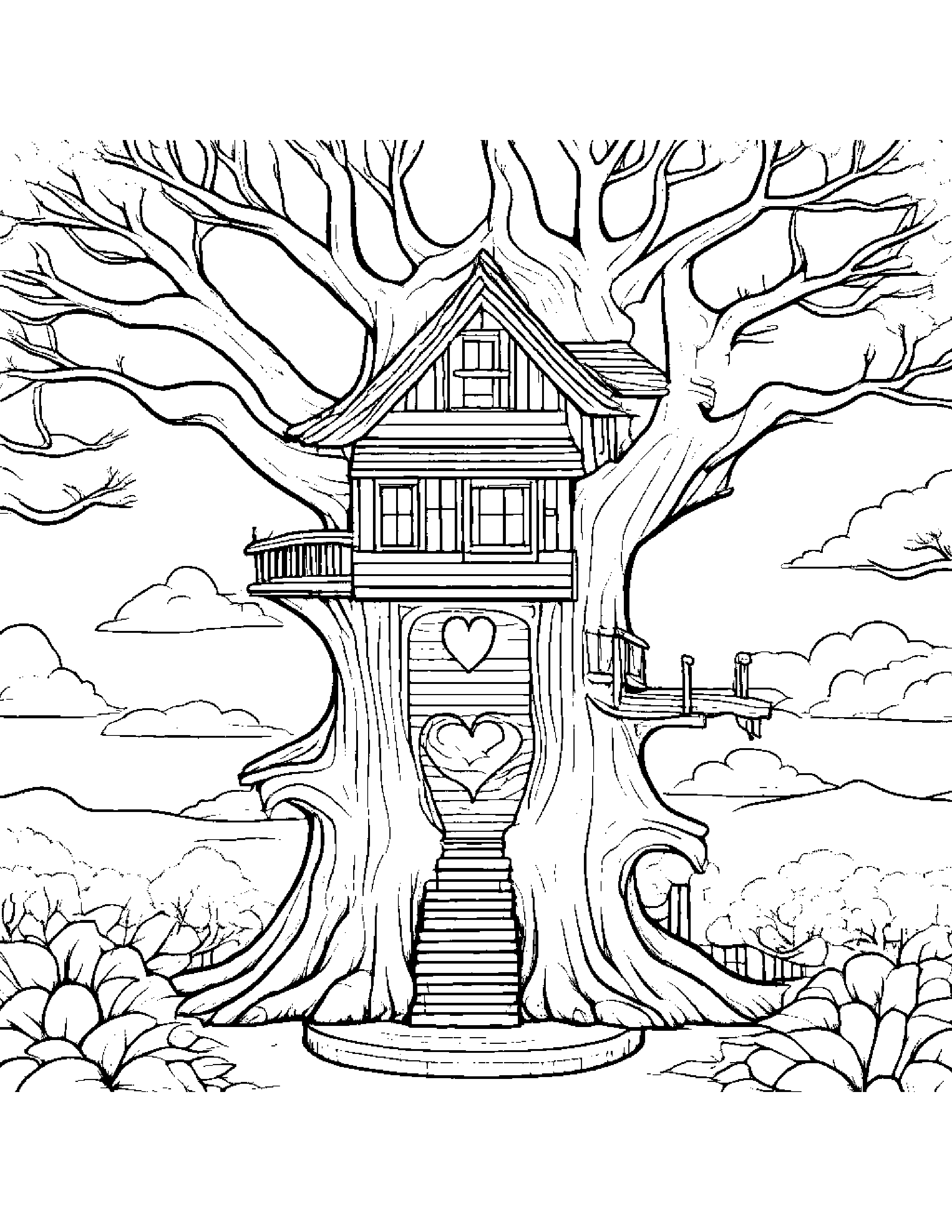 Treehouse Hugging A Heart Coloring Page (Free Printable PDF)
