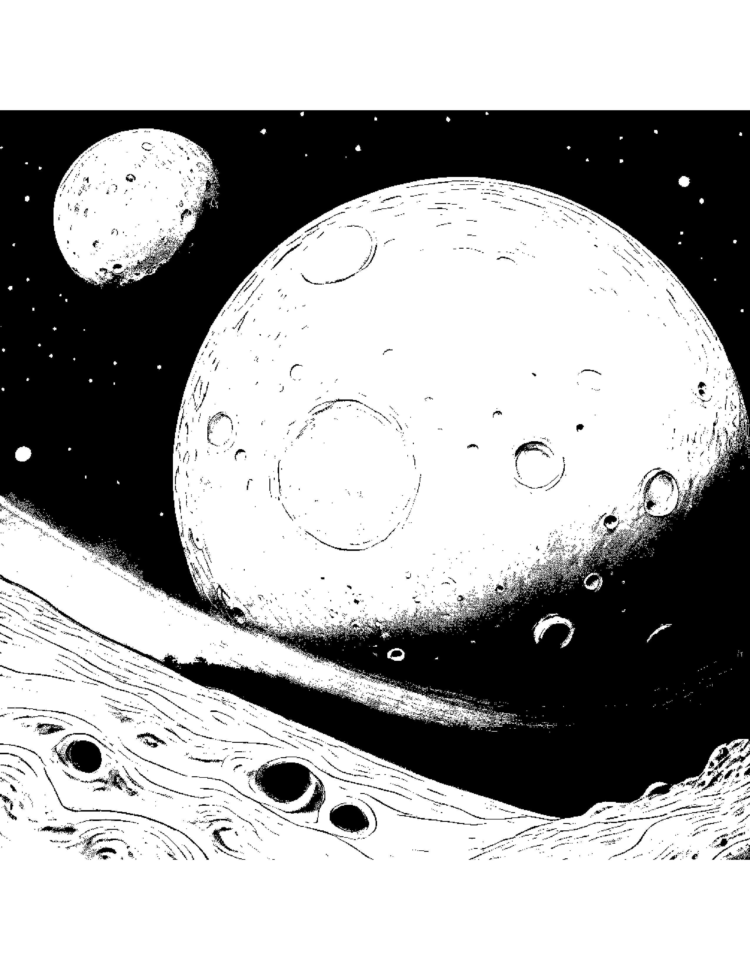A Close-Up View Of The Cratered Surface Of A Moon, Illuminated By The Light Of Its Nearby Planet Coloring Page (Free Printable PDF)
