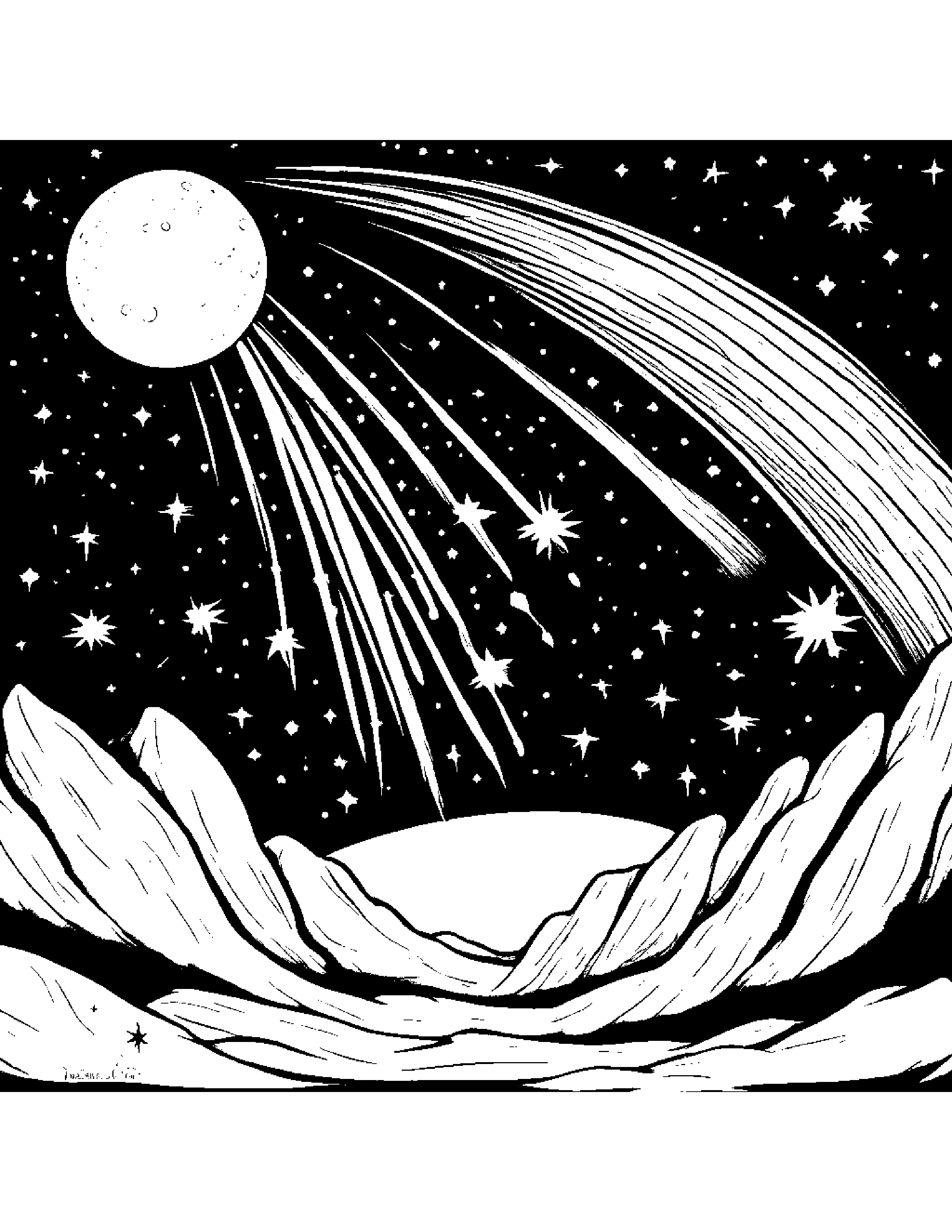 A Comet Streaking Through The Night Sky With Shooting Stars Trailing Behind Coloring Page (Free Printable PDF)
