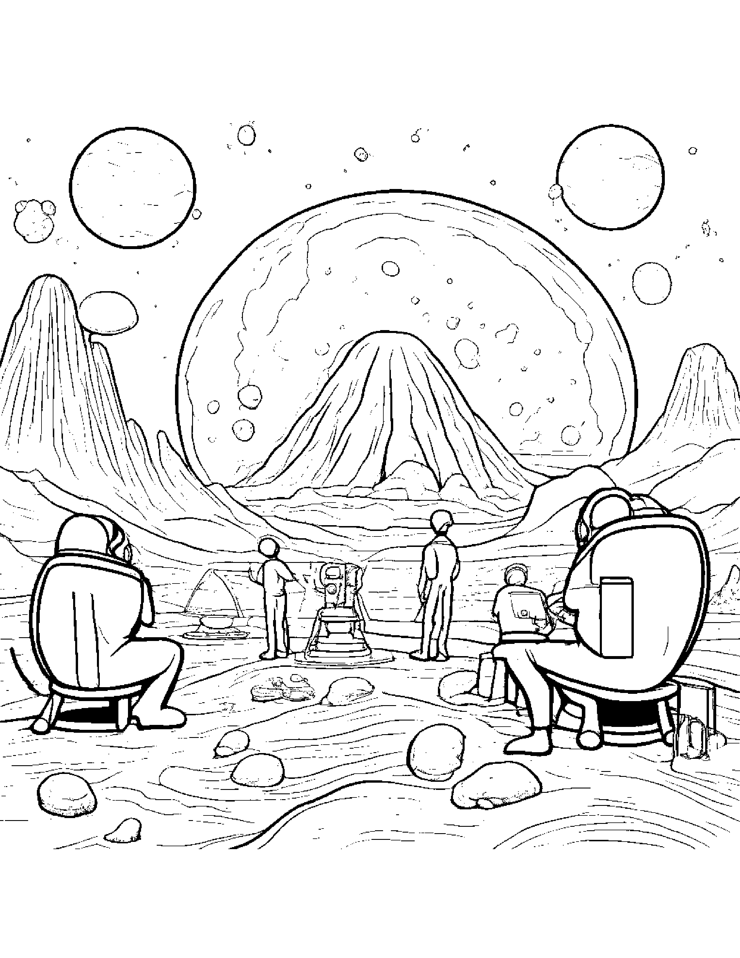 A Group Of Alien Scientists Conducting Experiments On A Distant Asteroid Coloring Page (Free Printable PDF)