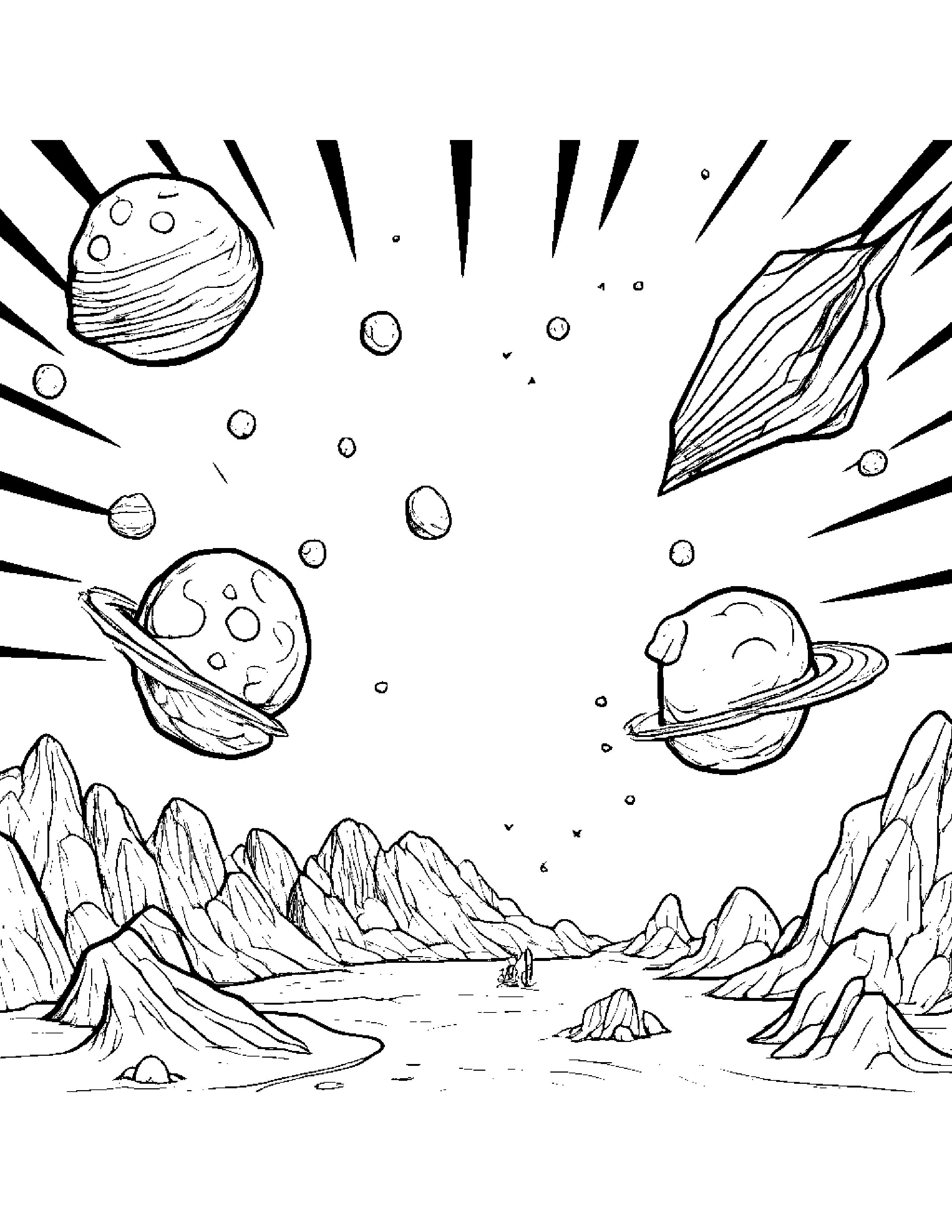 A Group Of Asteroids Dancing Around Each Other Like Cosmic Ballerinas Coloring Page (Free Printable PDF)