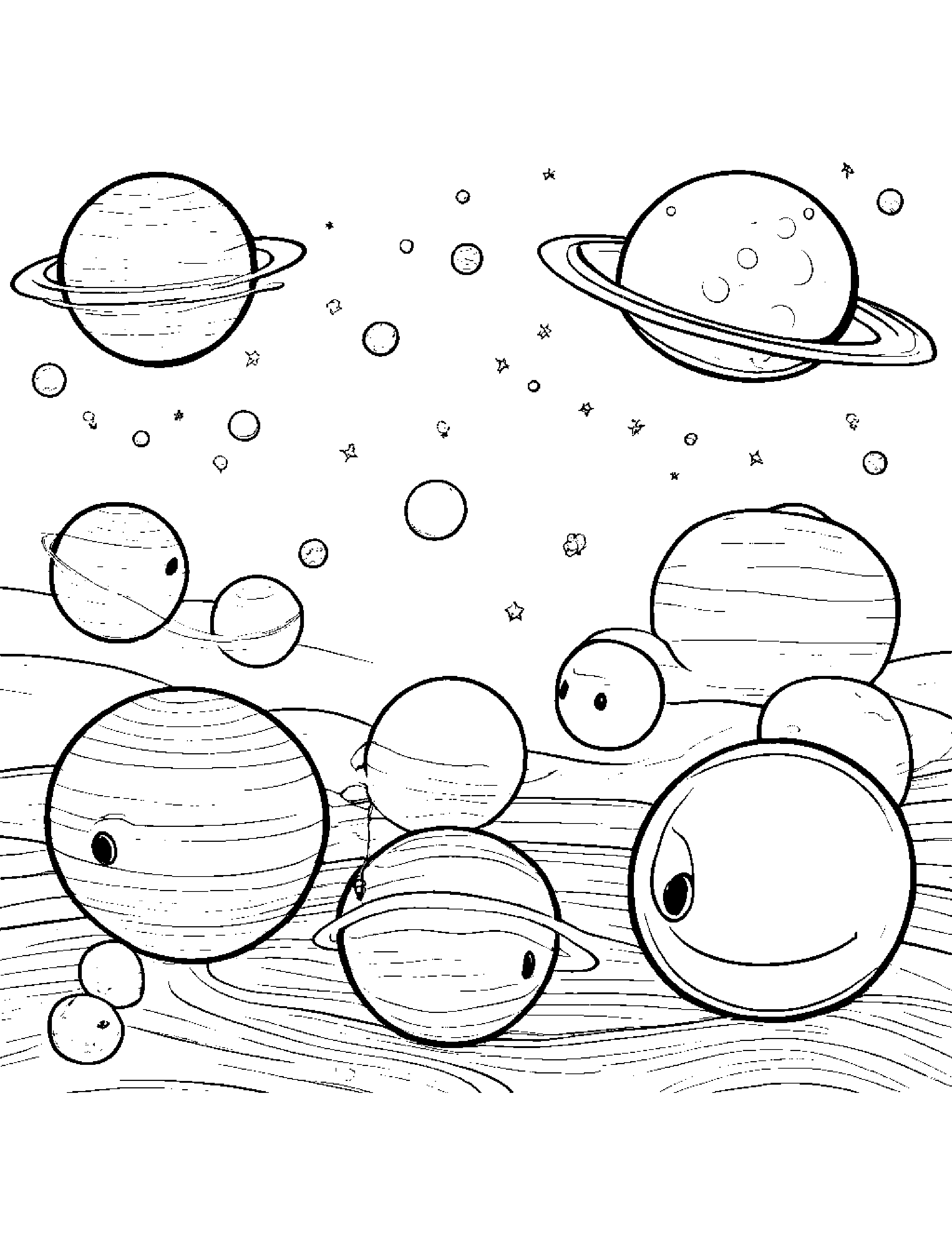 A Group Of Baby Planets Playing Hide-And-Seek Behind Their Parent Planet Coloring Page (Free Printable PDF)