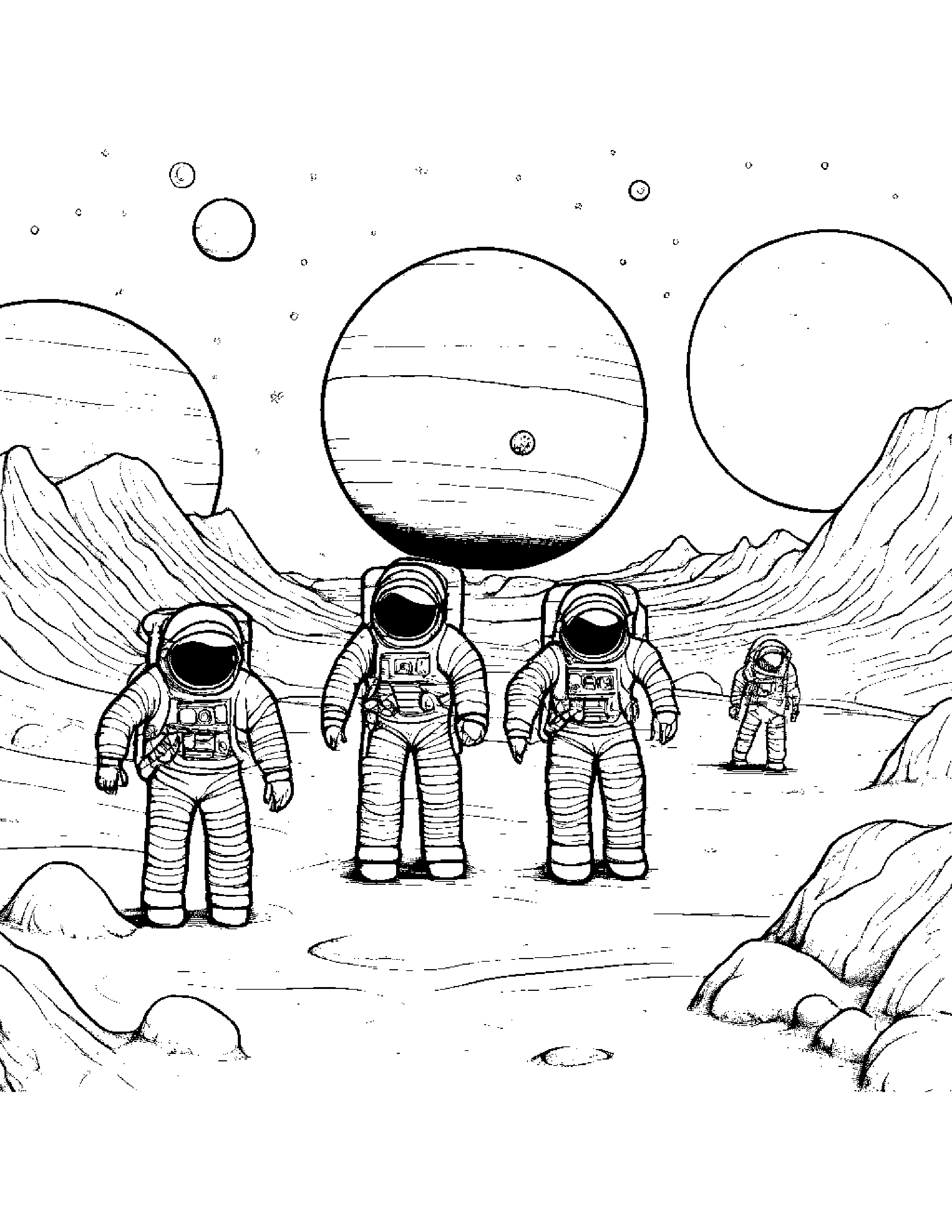 A Group Of Miniature Astronauts Exploring The Surface Of A Moon-Like Satellite Of Saturn Called Coloring Page (Free Printable PDF)