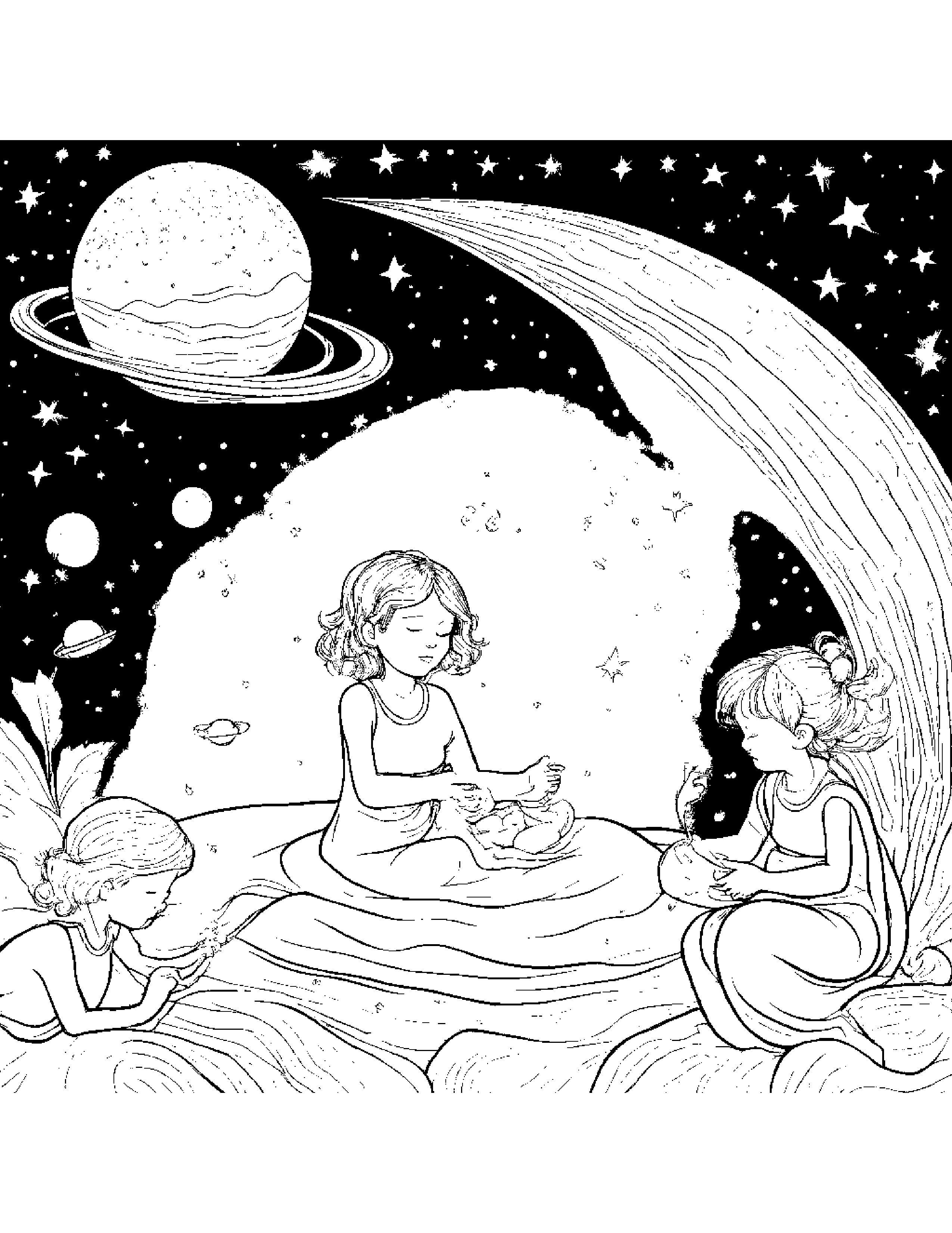 A Group Of Space Fairies Sprinkling Star Dust Over A Sleeping Infant Universe Coloring Page (Free Printable PDF)