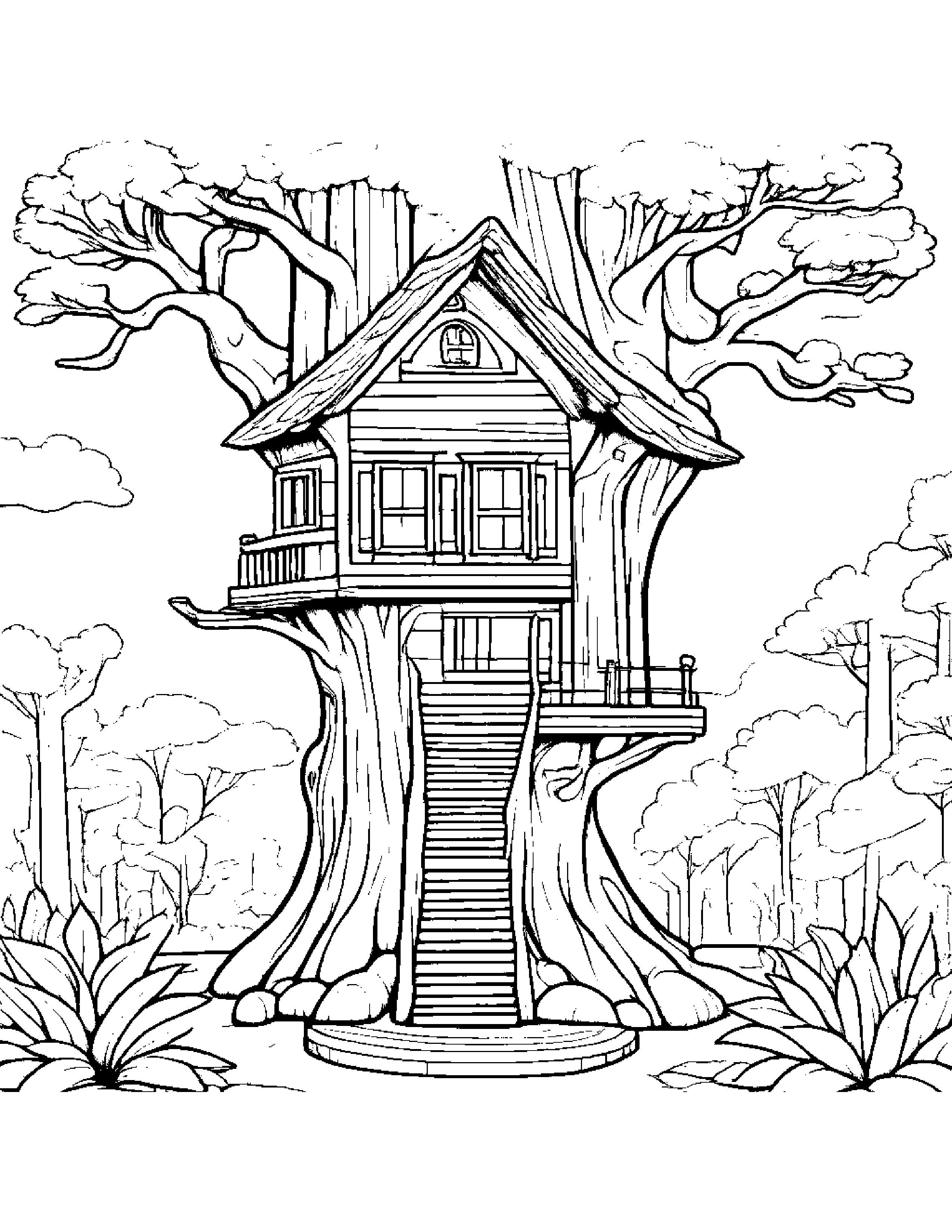 Tiny Treehouse With A Bow Coloring Page (Free Printable PDF)
