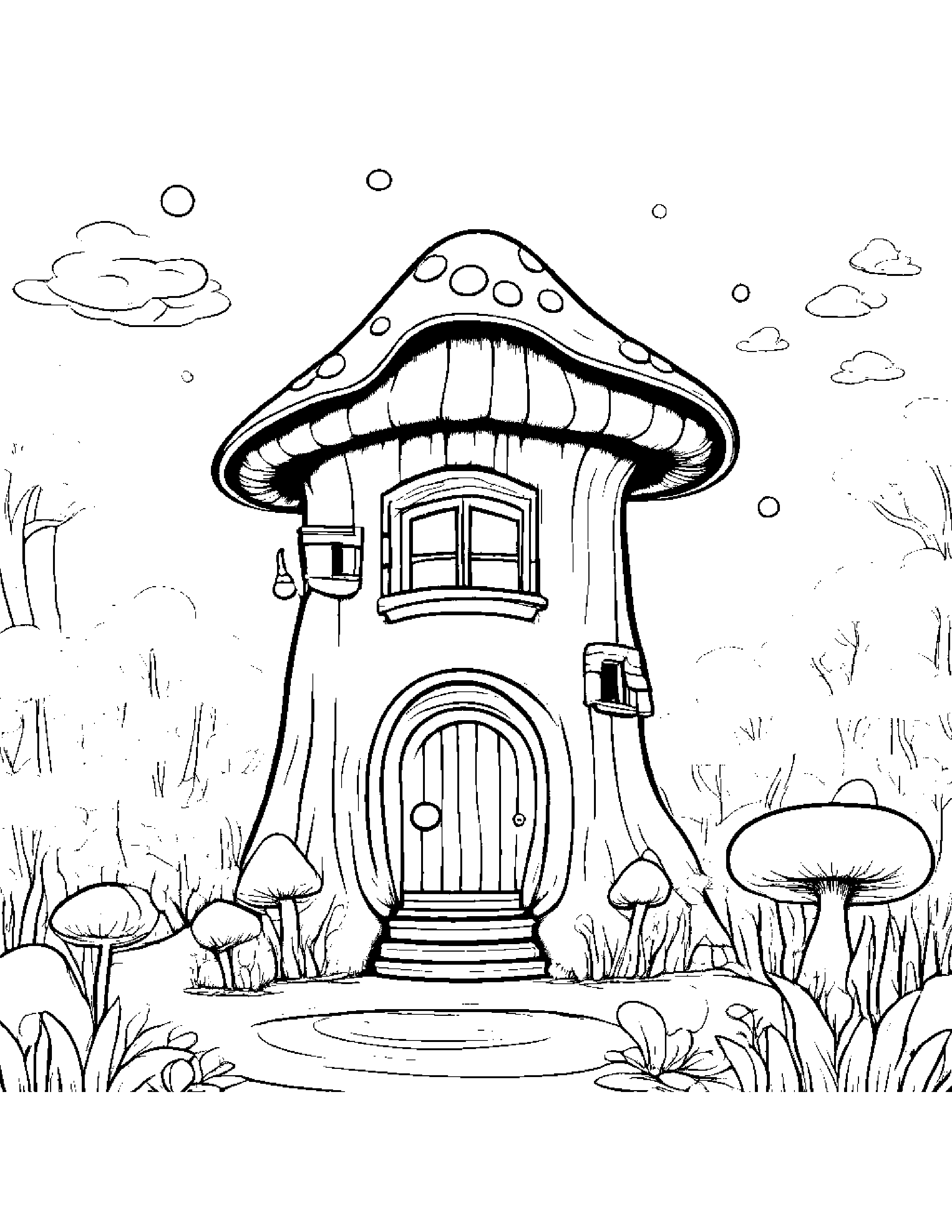 Gentle Mushroom House Blowing Bubbles Coloring Page (Free Printable PDF)