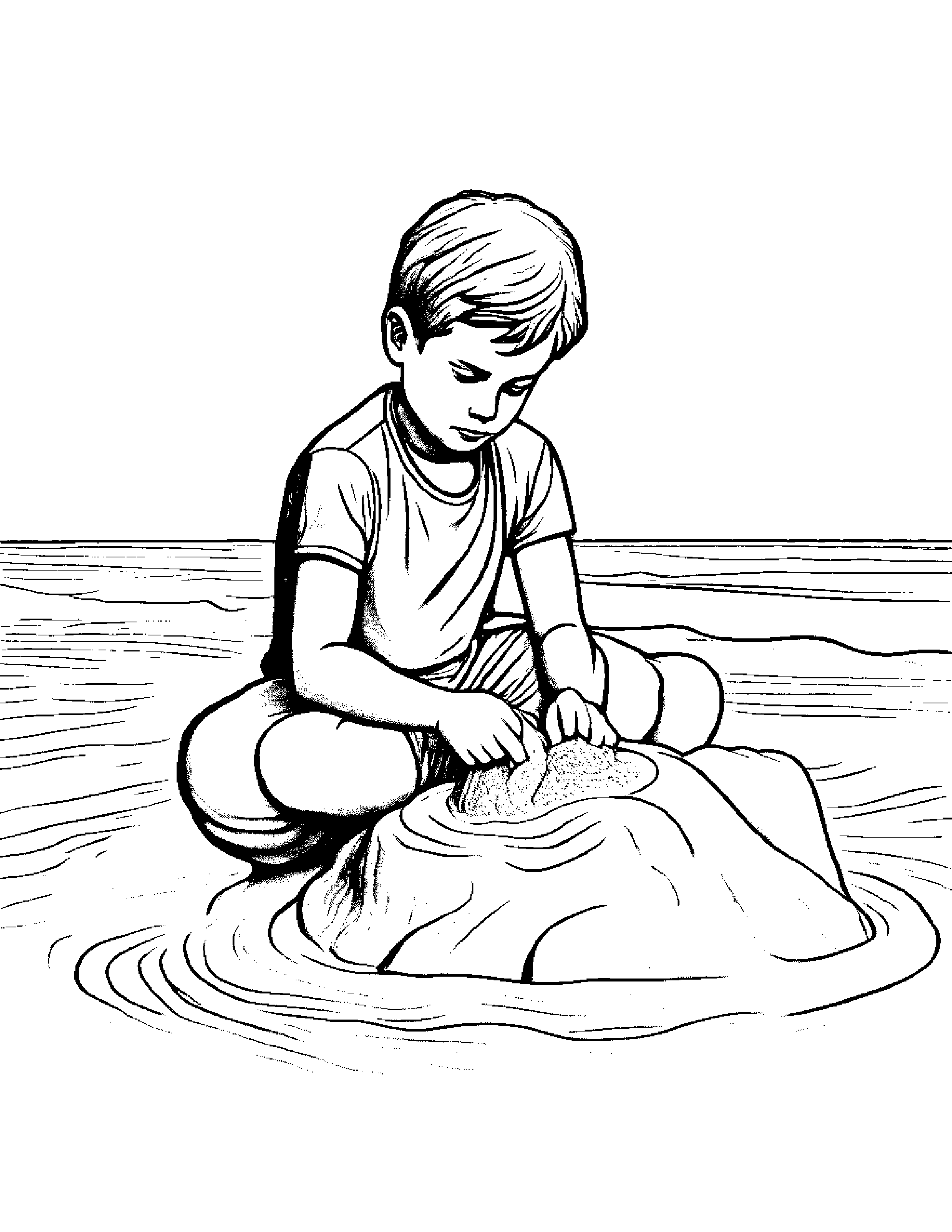 A Boy Creating Stunning Sand Sculptures On A Beach Using Only His Bare Hands Coloring Page (Free Printable PDF)