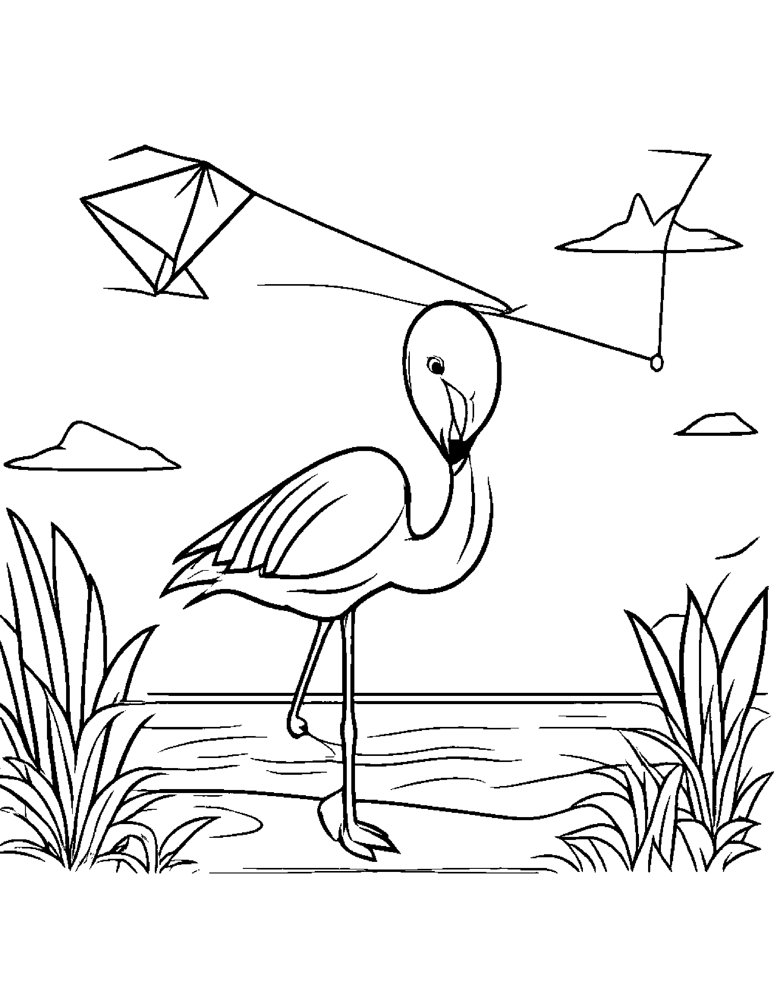 Kawaii Flamingo With A Kite #2 Coloring Page (Free Printable PDF)