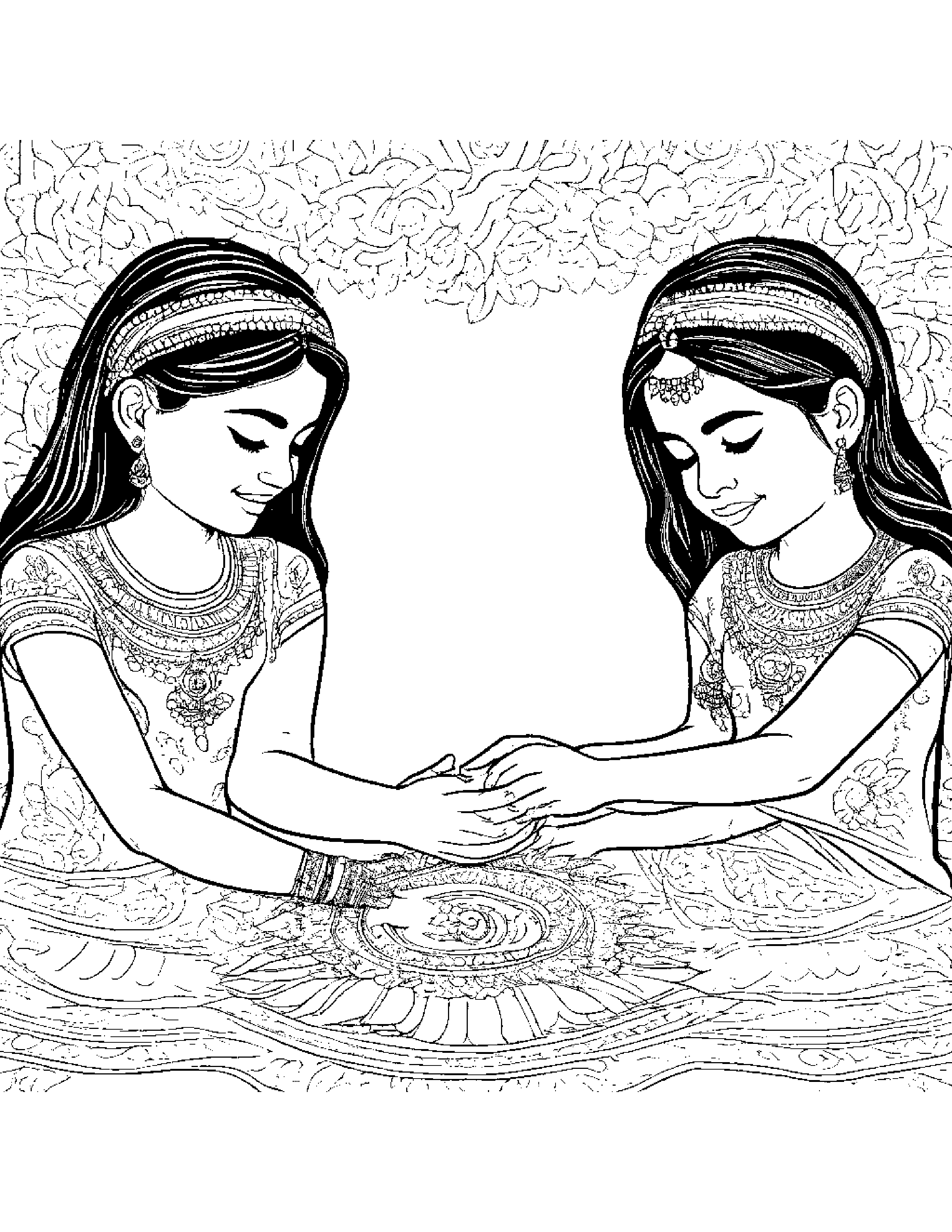 A Girl Creating Intricate Designs With Henna On Her Friends Coloring Page (Free Printable PDF)