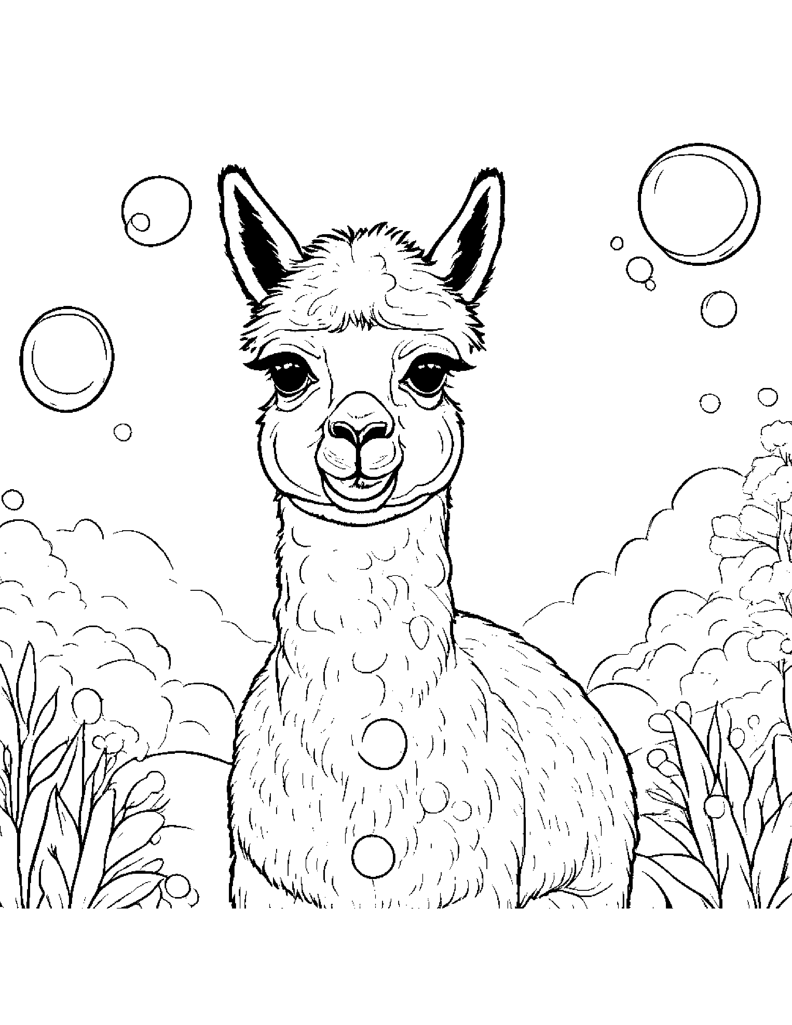 Alpaca Blowing Bubbles Coloring Page (Free Printable PDF)
