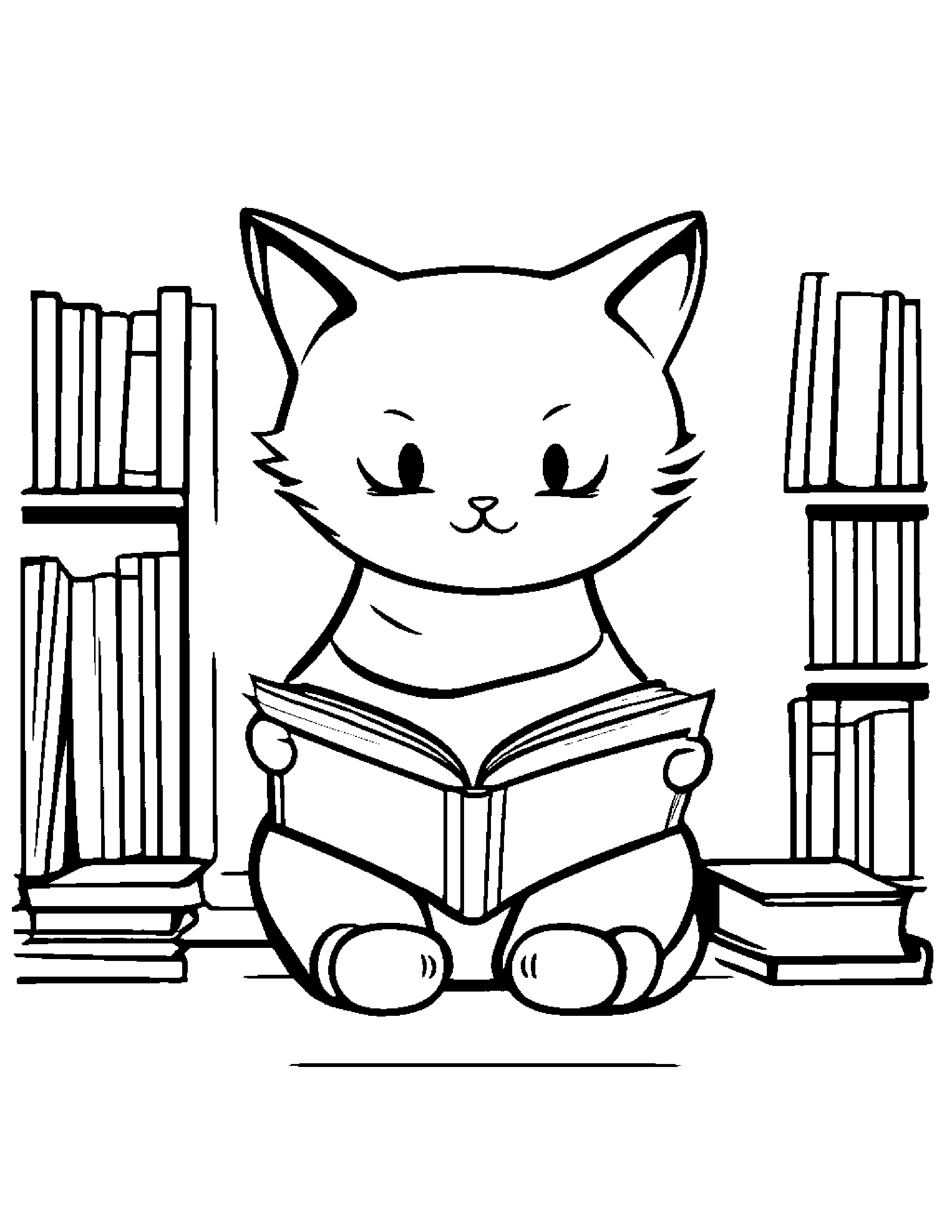 Kawaii Kitten Reading A Book #2 Coloring Page (Free Printable PDF)