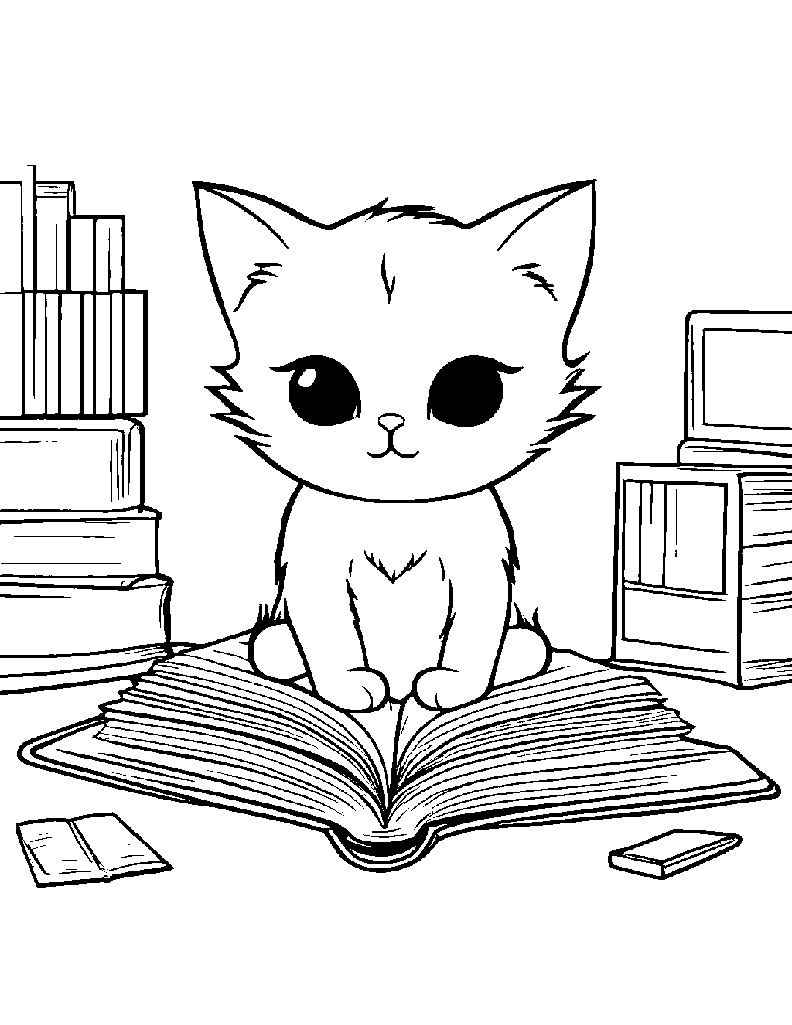 Kawaii Kitten Reading A Book Coloring Page (Free Printable PDF)