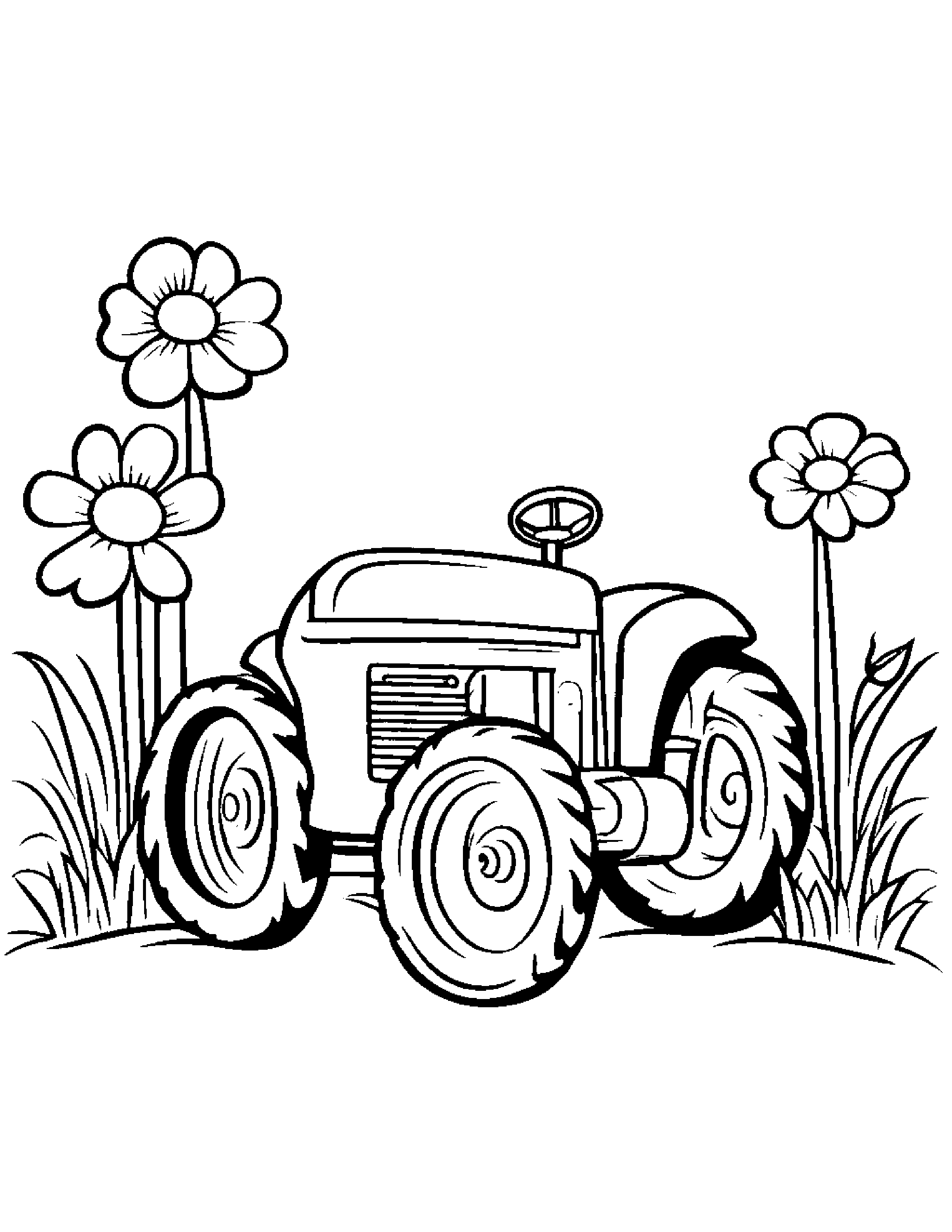Little Tractor With A Flower #2 Coloring Page (Free Printable PDF)