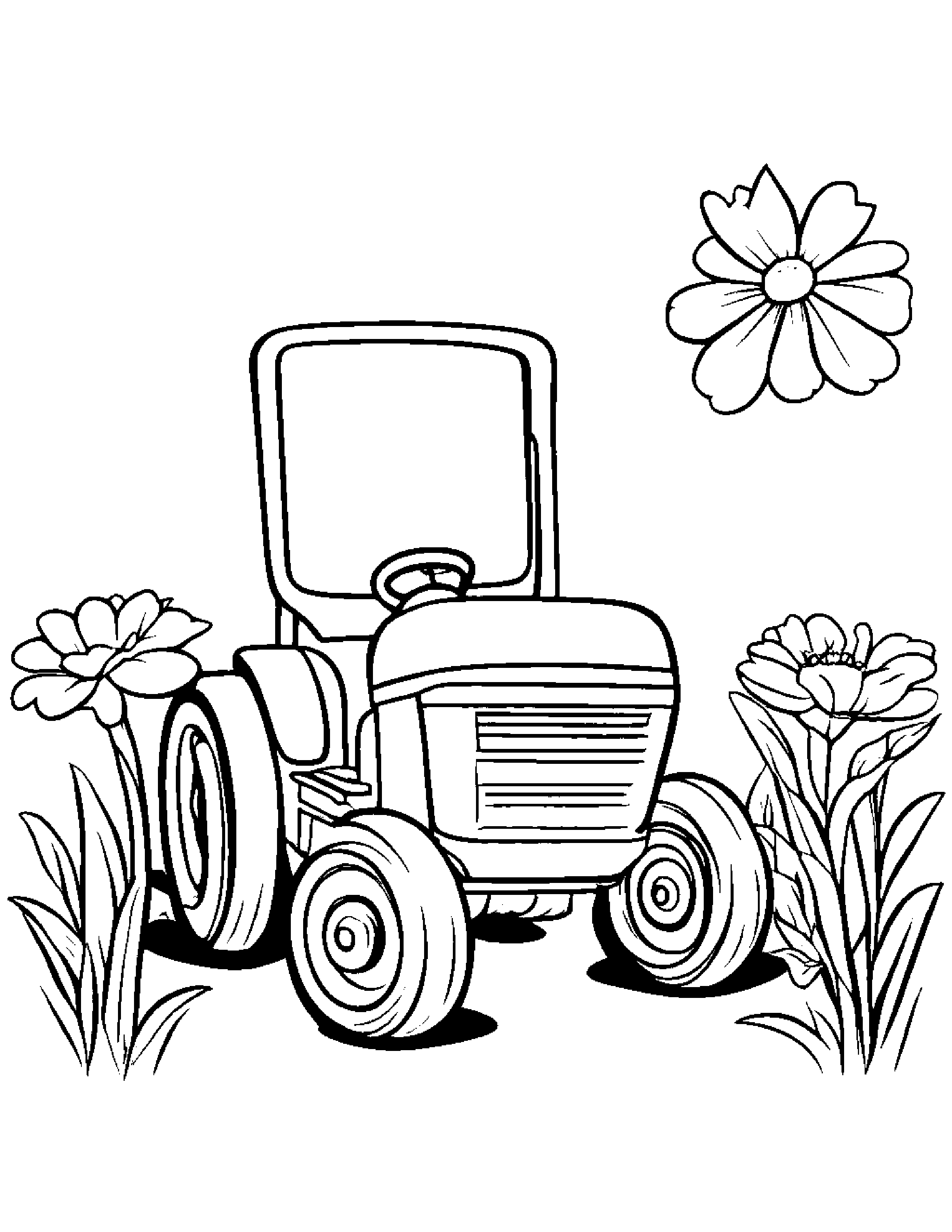 Little Tractor With A Flower Coloring Page (Free Printable PDF)
